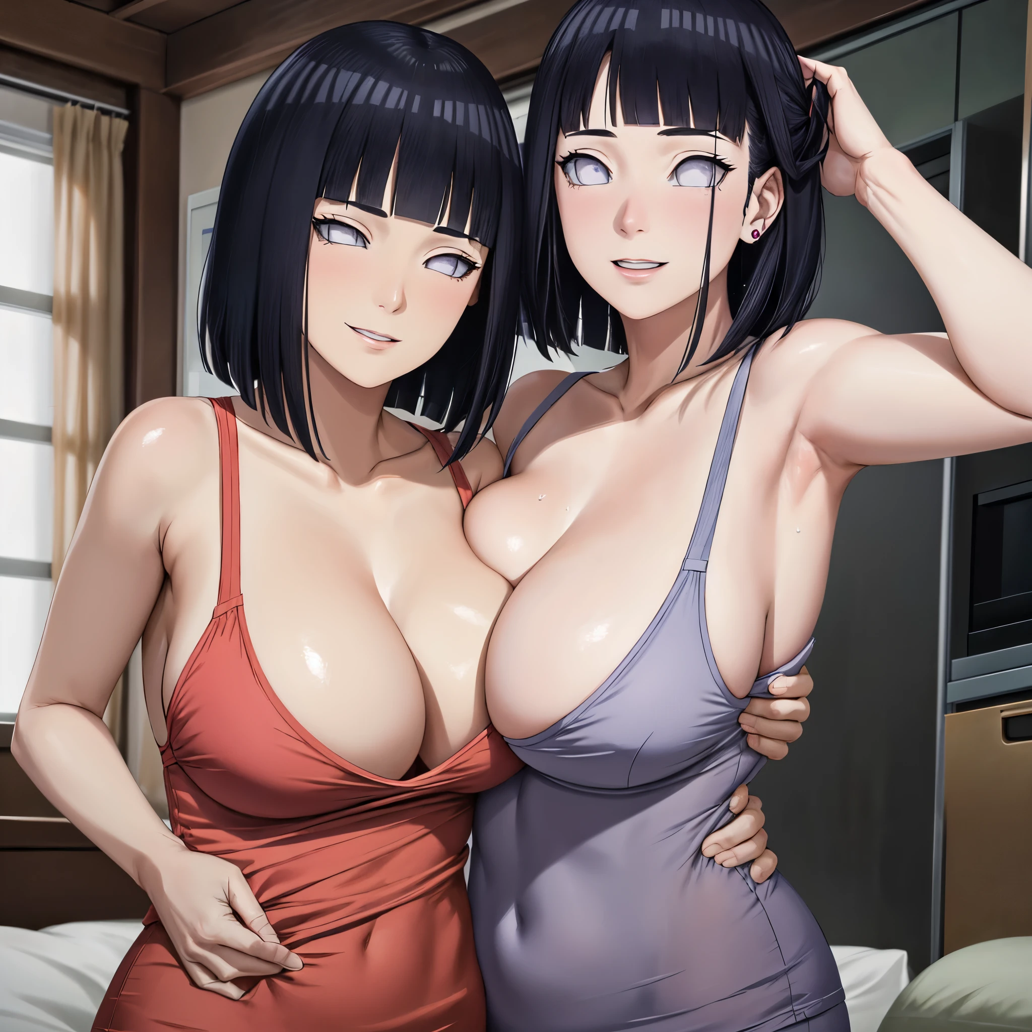 masterpiece, absurdres, hinata\(boruto\), 1girl, solo,mature female, sleep wear, looking at viewer, (falling petals), perfect composition, detailed lips, huge large giant breast, beautiful face, body propotion, blush, (pink lips), long hair, purple eyes, soft gaze, super realistic, detailed, realistic face and body, sweat body, hand grabing breast, bed room, shy face, smiling. thick body, bbw