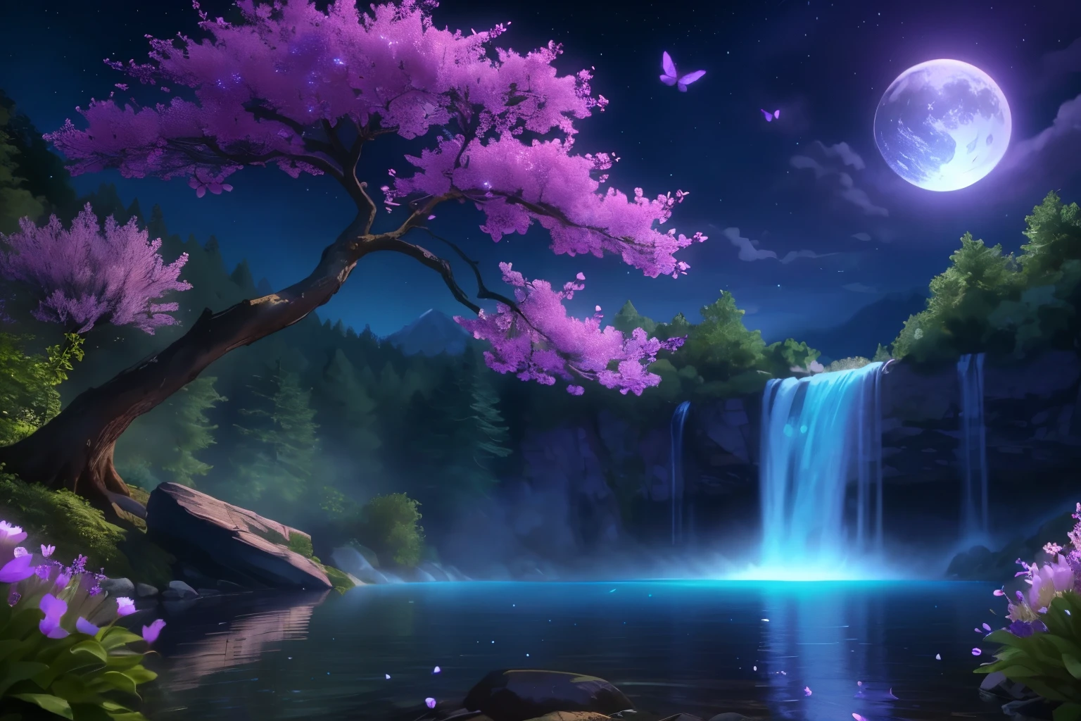 fleurs violettes et cascade dans une forêt la nuit, fond d&#39;screen HD, Beau fond d&#39;screen, Illustration de fond, bel art uhd 4k, fond d&#39;screen nature animé, fond d&#39;screen de haute qualité, fond d&#39;screen HD, 4 k fond d&#39;screen HD very detailed, Fond d&#39;screen nature, fond d&#39;screen 4k, fond d&#39;screen 4k, paysage naturel nocturne, High quality wallpaper, fond d&#39;screen de paysages, belle cascade paisible