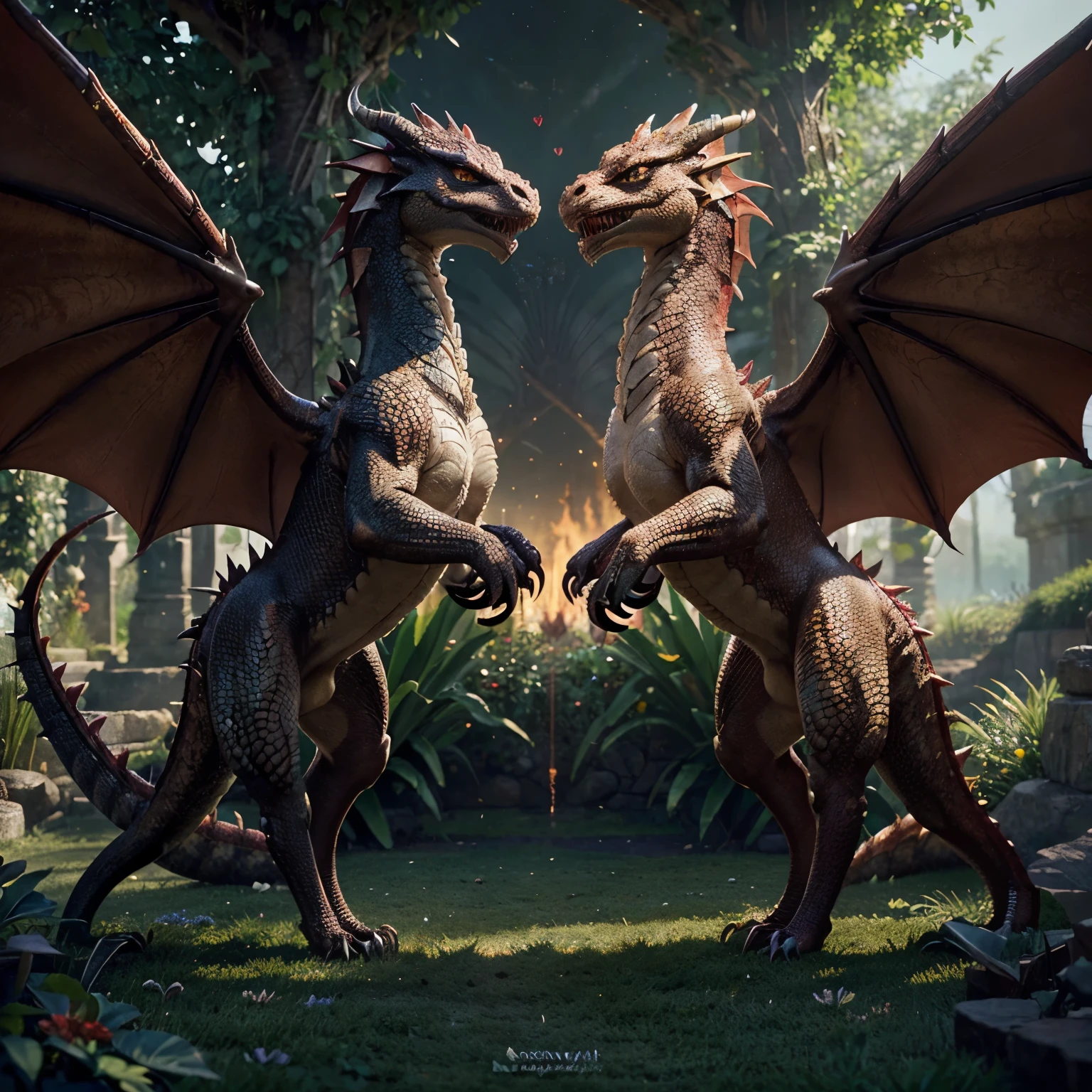 (best quality, realistic:1.37), dragons, two, detailed tails, forming a heart shape, dramatic lighting, vivid colors, mfiery breath, claws and fangs, sharp and intricate scales, scaly texture, dragon eyes, powerful presence, mythical garden scenery, floral elements, enchanted atmosphere, majestic and mystical, storytelling, extraordinary scene, dragon guardians, fantasy world, ancient legends