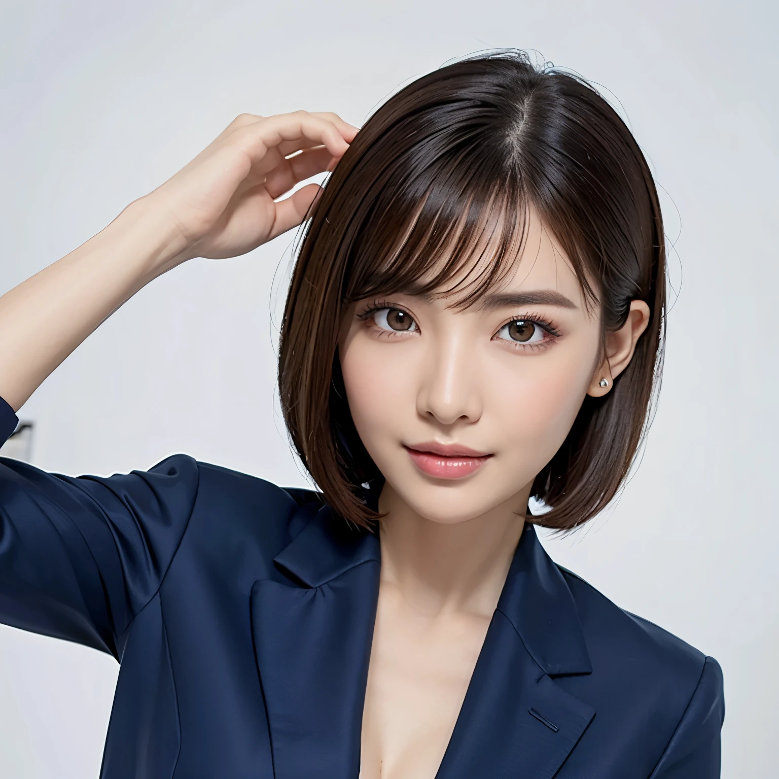 (highest quality、table top、8k、best image quality、Award-winning work)、1 Beautiful OL、straight short hair、perfect bangs、(Woman wearing perfect navy business suit:1.5)、Polyester shirt、(The simplest single color background:1.3)、(Perfectly fixed to the front:1.3)、(Perfect frontal and horizontal portrait of a woman with adequate white space:1.3)、(Depicting a woman perfectly horizontally and frontally:1.3)、beautiful and detailed eyes、look at me and smile、(Upright photo from the chest up:1.3)、(Please turn and look straight at me:1.3)、elegant makeup、Ultra high definition beauty face、ultra high definition hair、Super high-definition sparkling eyes、Super high resolution glossy lips、accurate anatomy、very beautiful skin、Super high-definition glowing beautiful skin、Graceful upright posture seen from the front、(very bright:1.3)