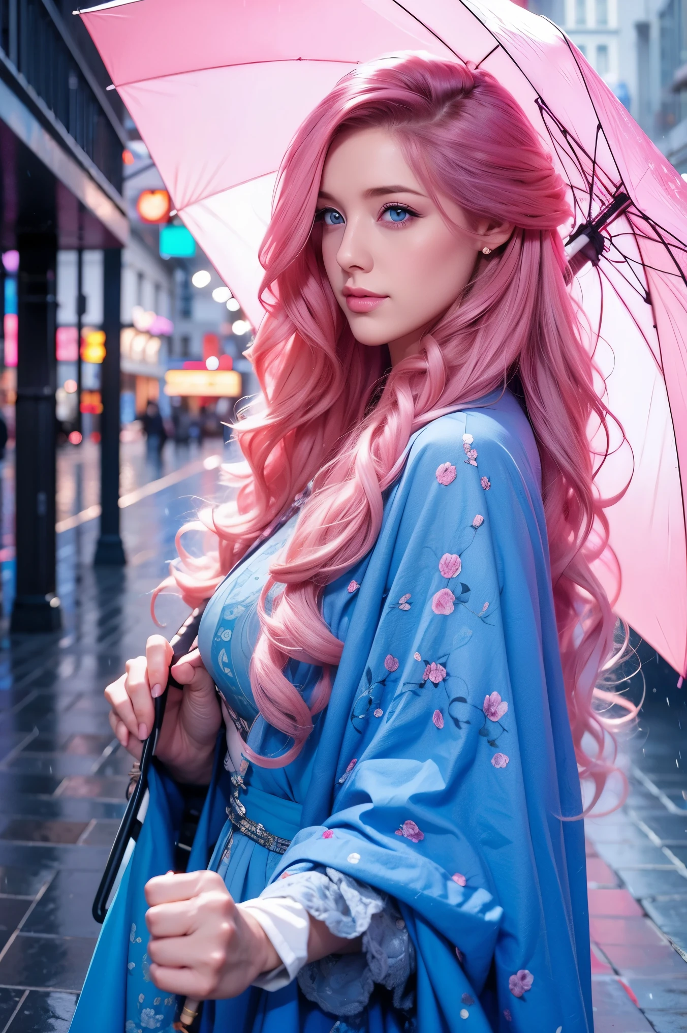 Woman, long curly hair, pink hair, blue eyes, holding umbrella, rain, city