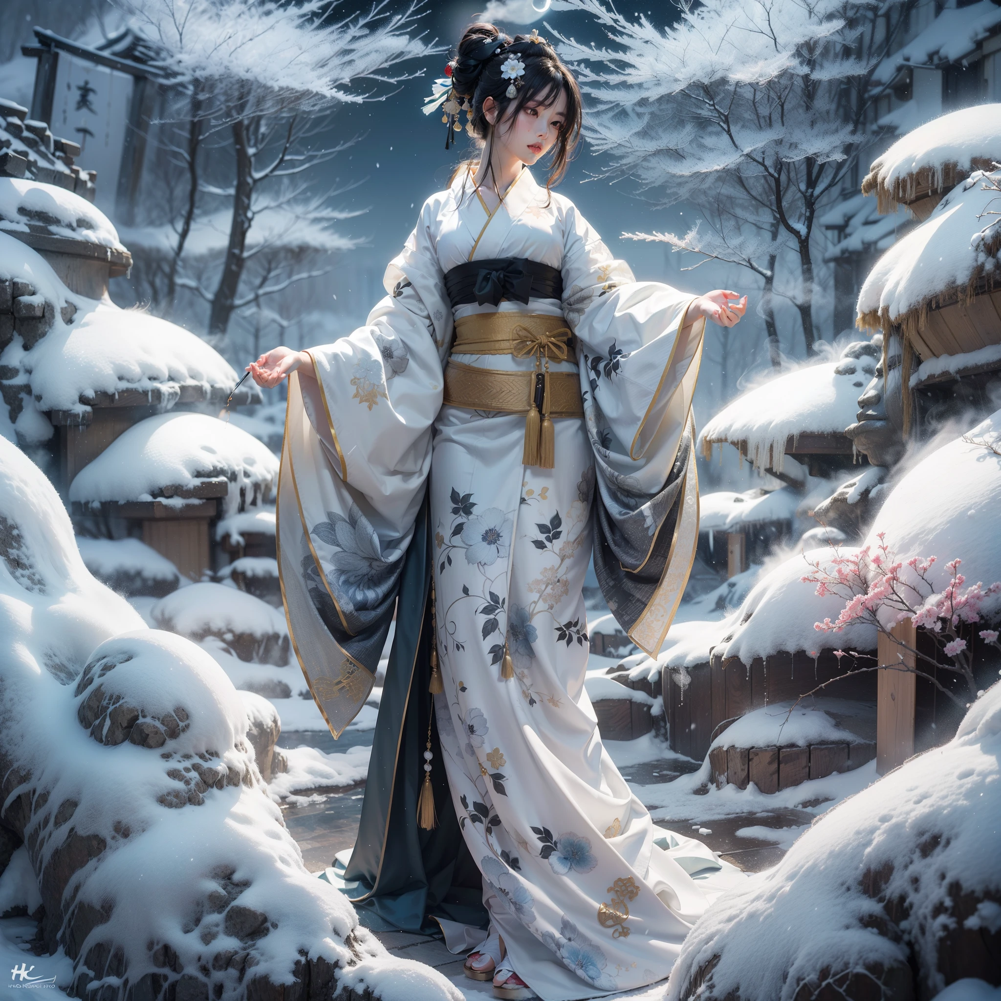 (Award-winning masterpiece, incredibly detailed, textured and maximally detailed), (full-body standing image), (surrealistic:1.4), (stunningly anatomically perfect and beautiful style:1.9), (Yuki-onna in Japanesefolk tales:1.6), (exact circle, symmetrical jet-black eyes), (detailed and breathtakingly beautiful face:1.6), (aesthetic and decadent atmosphere:1.7), (calm white old Japanese kimono covering the whole body is damaged in places, elegant and delicate pattern:1.8), (elegant and delicate pattern:1.9)(colorful white kimono from a Japanese folktale:1.8), (beautiful skin and face:1.6), (beautiful, glossy black hair blowing in the wind:1.8), (Oiran's Hyogomage:0.6), (wearing a decadent, carefully madeaccessories:1.8), (depraved beauty:1.6), (jet black eyes that seem to glow strongly from within:1.7), (skin less exposed), (strong moonlight overhead:1.7), ((dramatic photo)), ((cinematic light)), (looking up), (looking down), (dramatic pose), (smokeEffects and enchanting light: 1.4), (Bamboo thicket in back: 0.3), Amida Hall in back, Vermilion torii gate, Wind effects, Swirling snow, Winter storm, (Mist drifting: 1.3), Ice field in snowstorm, Quiet snowfield on moonlit night, Snowy town at midnight, (Full body standing image: 1.9), (Dark night, Full moon night, Crescent moon), Magnificent realistic, Faded(neutral colors), art, (HDR:1.5), (muted colors:1.2), highly detailed, (art station:1.5), cinematic, warm light, light effects, dramatic light, (complex details:1.1), complex background, (greg latkowski:0.8), (teal and orange:0.4)