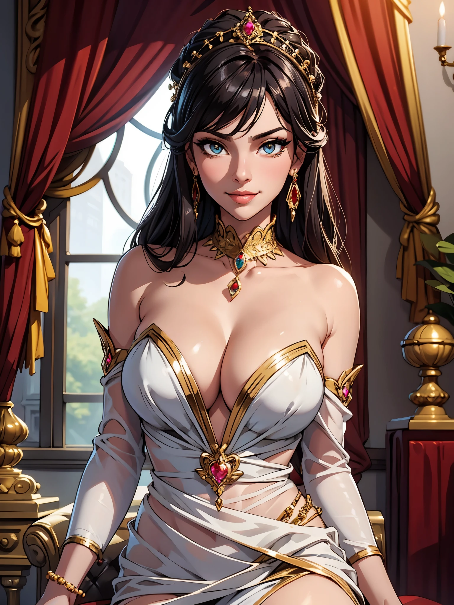 tmasterpiece，Highest image quality，Beautiful bust of a royal lady，Delicate black hairstyle，Amber eyes are clear，Embellished with a dazzling array of intricate jewelry，super detailing，upscaled。, cleavage, smirk, seductive smile