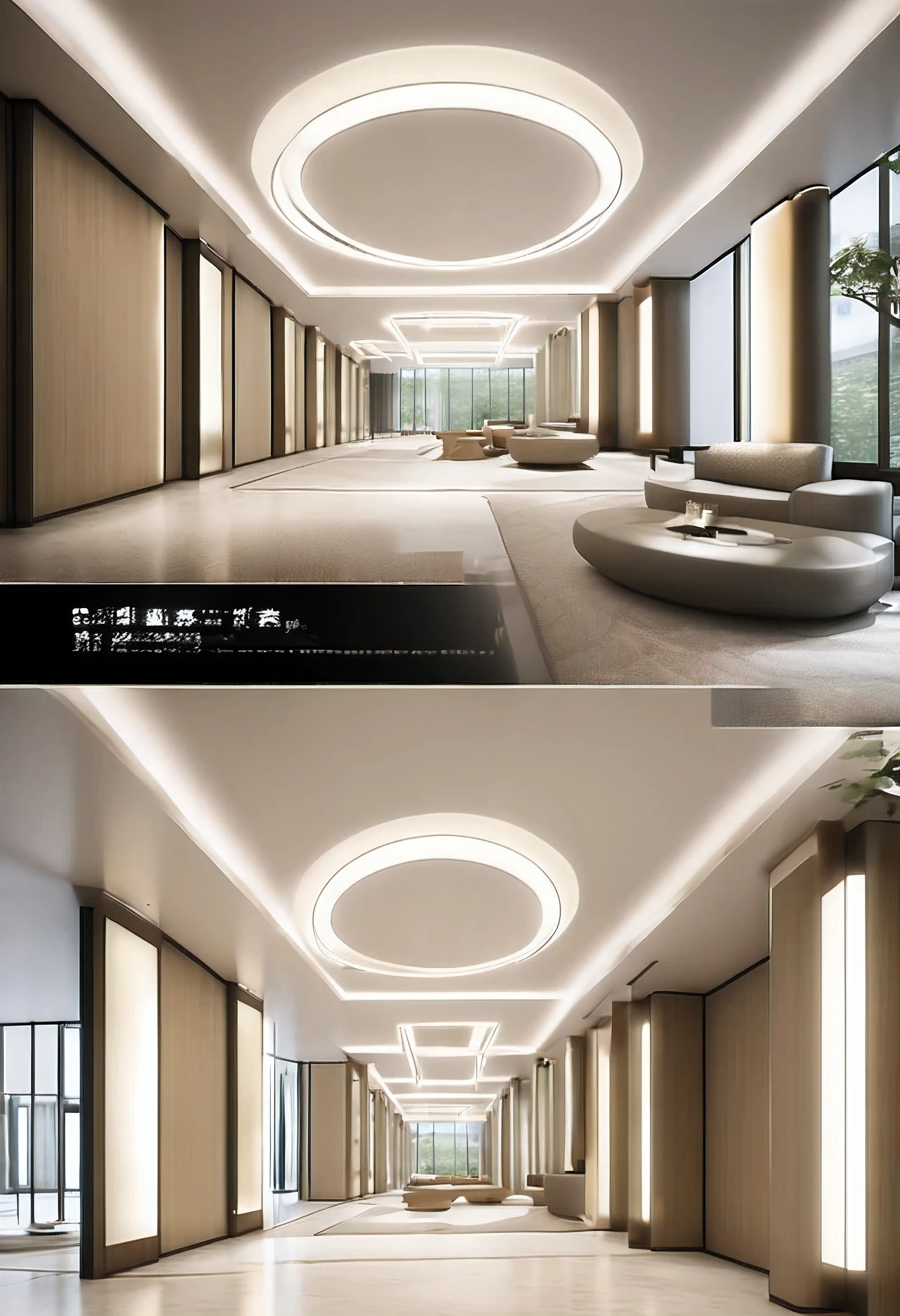 You are a senior public space designer,Professionally designed modern minimalist style hotel lobby,Hollow ceiling on the second floor,There is a service desk、Lounge area、elevator hall;Please pay attention,此透视渲染需要看到elevator hall的一部分。Introduction to vray rendering method based on 3Dmax,The space needs sunlight。The spatial design is mainly presented in the form of geometric lines.。The light is warm white。