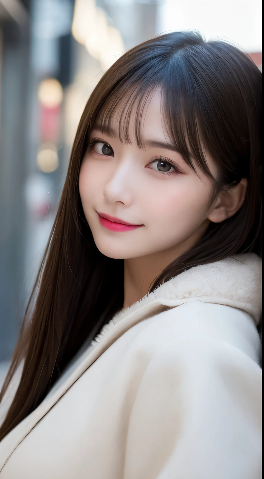 table top, highest quality, shape, Super detailed, finely, High resolution, 8k wallpaper, 完璧なダイナミックな構shape, beautiful and detailed eyes, Tokyo trend winter fashion（dress）, small breasts, natural color lip, random sexy pose,cute smile、20 year old girl、beautiful and detailed face、perfect and beautiful face,Big eyes、Wearing a fluffy black luxury mink coat、beautiful and detailed face、perfect and beautiful double eyelids、blur background、perfect and beautiful face、bright look、straight hair、Raise your chin and look up、Take a picture of a sideways face