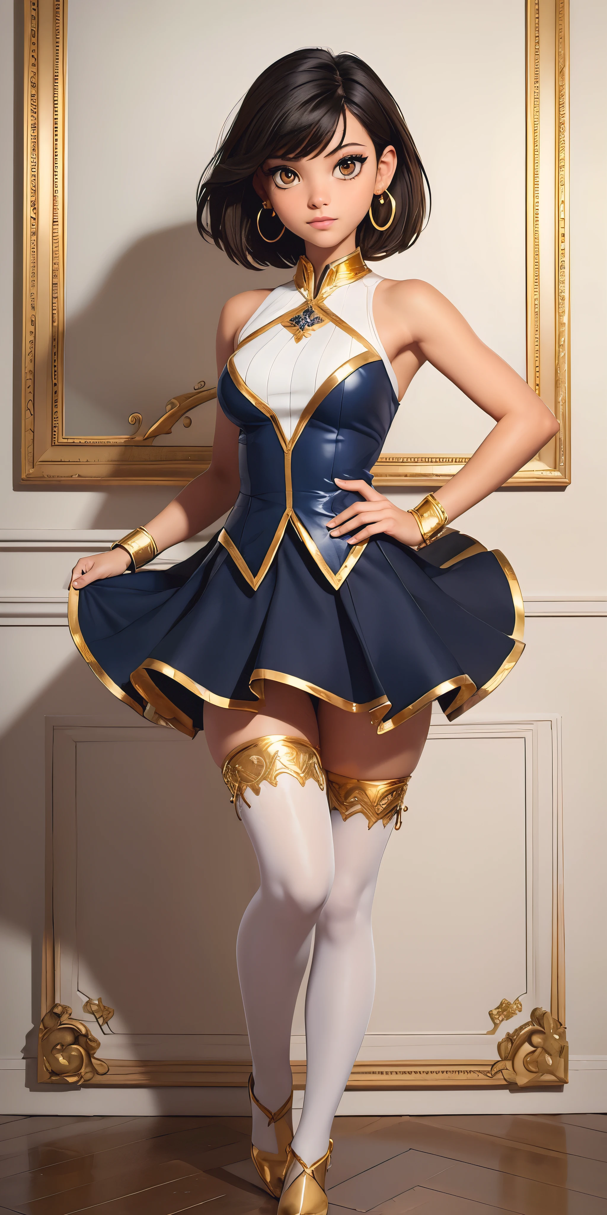 ((((masterpiece)))), high quality, very_high_resolution, large_filesize, full color, gold eyes, brown eyes, cute, adorable, beautiful, high contrast, 5 fingers, slim body, bobbed haircut, hoop gold earrings, black hair, small breasts, full body display, blue white and gold cheerleader outfit, white thigh high socks, 18 year old, realistic, detailed eyes, perfect eyes, beautiful eyes, detailed iris,