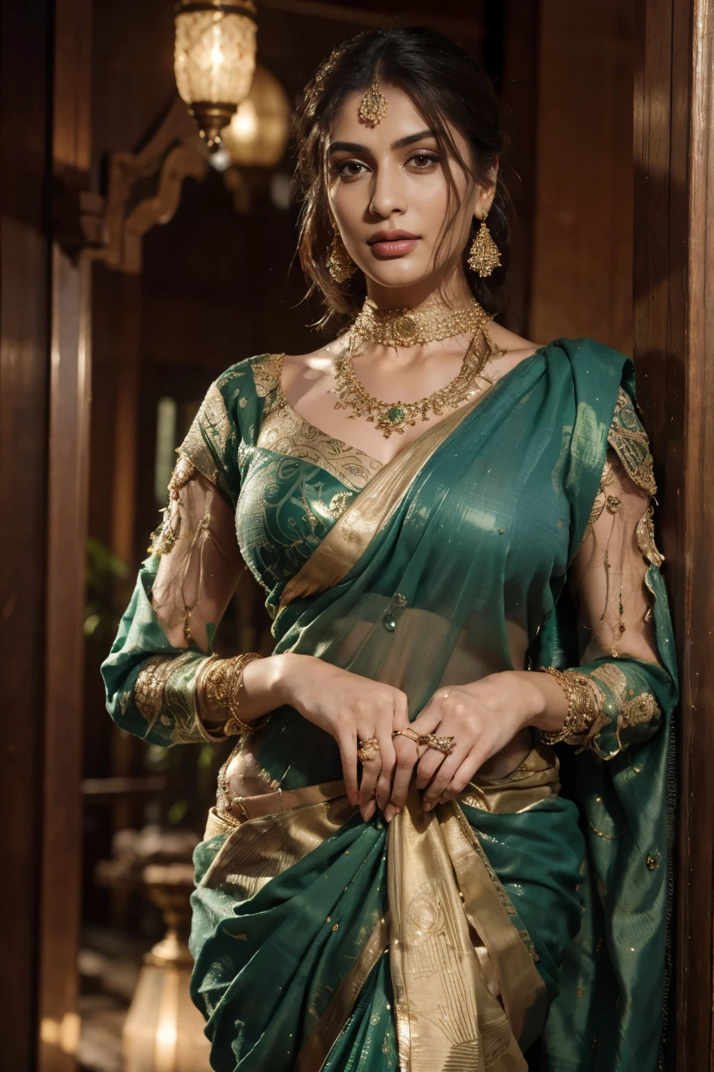 a woman in a green sari with a necklace and earrings, wearing elaborate green and gold, adorned with precious stones, indian style, indian super model, wearing green, draped in crystals, indian, captivating and enticing, covered in jewels, flowing shimmering fabrics, an elegant green, bejewelled and encrusted royalty, wearing elegant jewellery, dressed in a sari, RAW photo, ultra high resolution, ultra realistic,( photo realistic: 1.4 ), UHD:1, 8K, masterpiece, best quality, normal hand, detailed all fingers, Highly detailed face and skin texture, fine eyes, Shiny skin, Double eyelids, 1girl, normal fingers, detailed fingers, curvy figure, open cleavage,