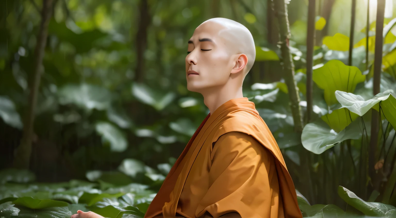 highest quality、highest quality、realistic、unity、8k wallpaper、official art、Highly detailed CG unity 8k wallpaper、Super detailed、High resolution、Physically based rendering、Super detailed,growing up, finely,The only handsome monk, (no hair:1.3), (close your eyes:1.4), (meditating), (The face tends to be a little downcast), whole body, (back correction),slim face, beautiful young monk, highly detailed face, very beautiful face, fine eyes, view, blurred background, (Front view:1.3), (monk's robe:1.3), (Don'show as little skin as possible), (Sit and meditate in the lotus position:1.3), (Stay away from the camera), (Facing the camera forward), frontage, slim face, In the rainforest, professional lighting, (illuminate the face:1.3)
