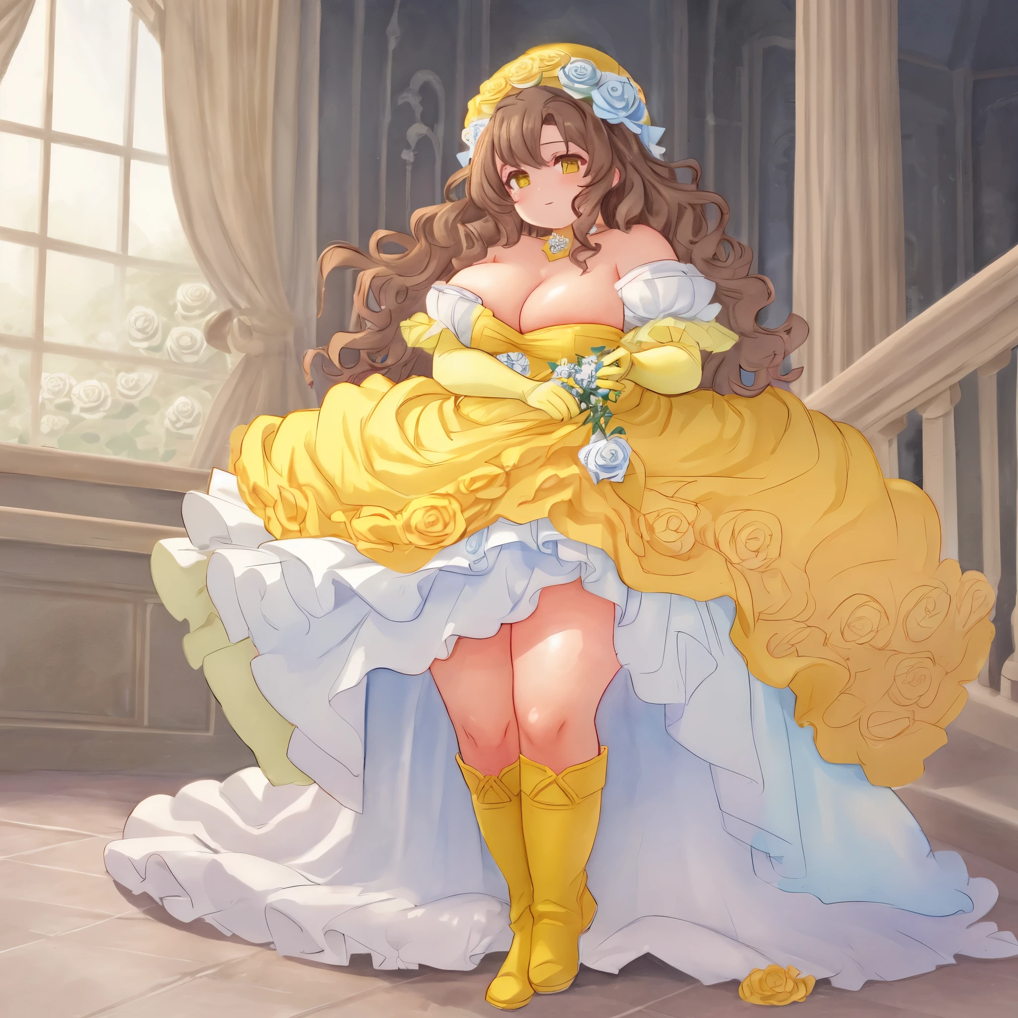 white rose, yellow dress, white rose cap, plunging neckline, white rose skirt,blue and yellow asymmetrical boots, blue and yellow asymmetrical gloves, brown hair, hair ringlets, cellulite, gorgeous wavy hair, blue lining, watercolor pencil \(medium\),