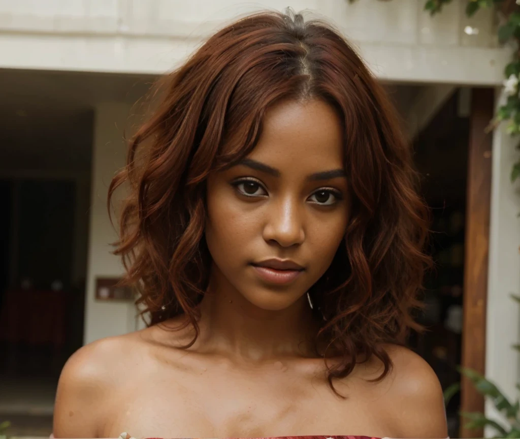 (highres, realistic, beautiful woman:1.2), (dark skinned:1.1), (curly red hair:1.1), (intense eyes, full lips), (vibrant colors), (soft and glowing skin), (fierce and confident expression), (natural sunlight), (lush garden background), (dressed in elegant attire), (striking red dress), (sparkling jewelry), (subtle makeup), (graceful posture), (standing tall), (floral headpiece), (gentle breeze), (delicate flowers), (wispy curls), (captivating presence), (alluring aura), (ethereal beauty), (subtle rainbow), (sublime atmosphere), (eye-catching details), (dramatic shadows), (meticulous brushstrokes), (impeccable attention to detail), (exquisite composition), (timeless elegance), (stunning portrait), (evokes emotions), (mesmerizing artwork), (exceptional masterpiece), (artistic interpretation), (imagination unleashed), (attention-grabbing), (inspiring and captivating), (visual poetry), (unforgettable image).