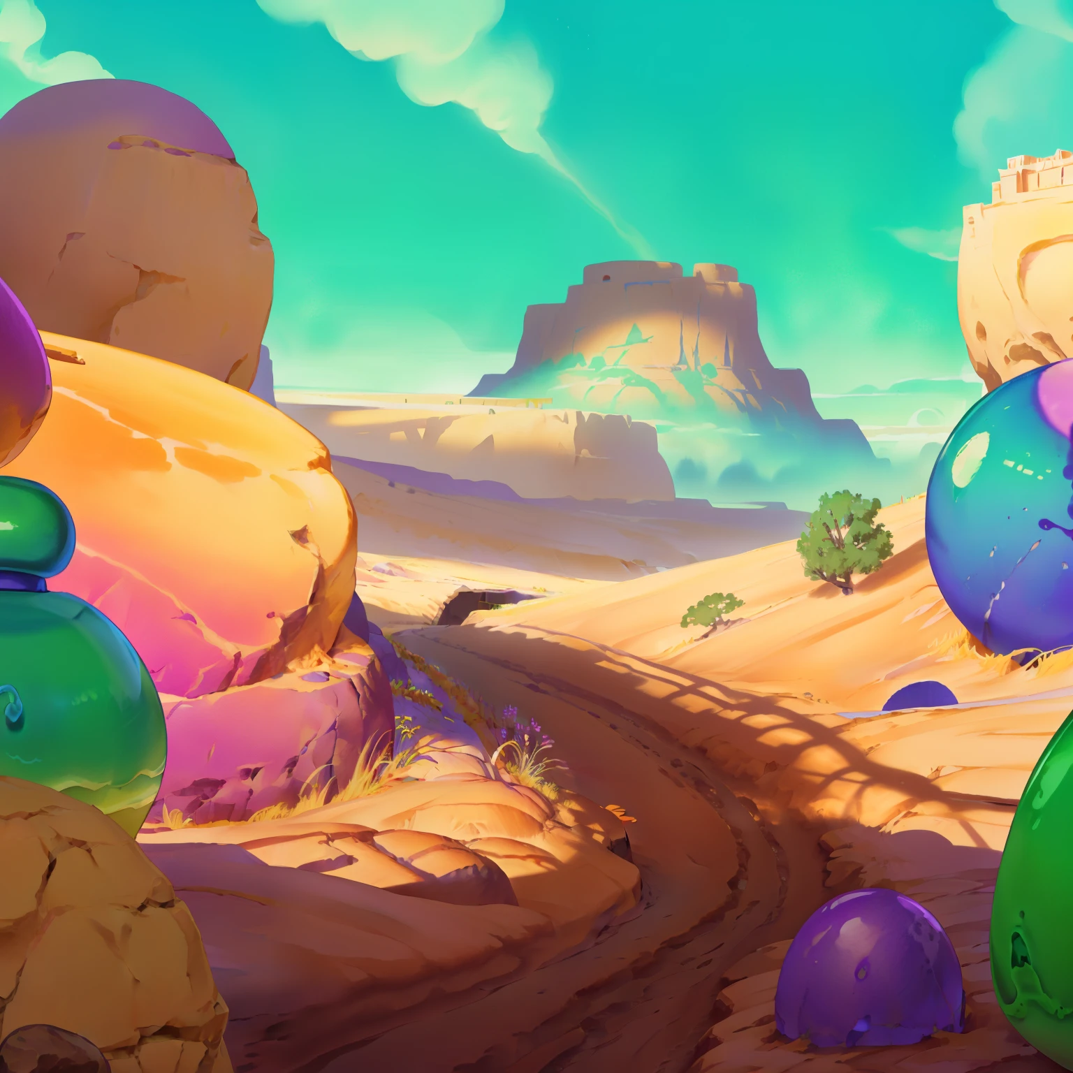 There is a cartoon character,lots of food, mobile Game background, canyon background, background art, 2D game art background, 2d Game background, Game background, desert background, mobile game assets, mobile game art, background artwork, videoGame background, Desert oasis background, game illustration, cool desert, Radiant Slime Trail, Stadium Background,jelly,slimy,Q bomb,Soft and glutinous,road made of cookies,Food world