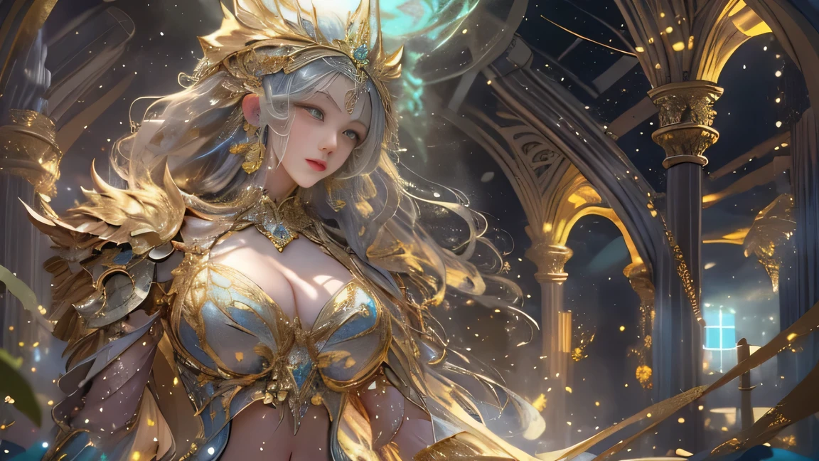 4K, Full body of a woman wearing a golden transparent dress, View viewer,(((huge breasts, great cleavage))),slim waist,(exposed navels,bare waist), long hair, very detailed 세부정보,High-end Zhenyi Station, storm scene, detailed fantasy art, amazing character art, Beautiful and exquisite character art, beautiful gold and silver armor, very detailed, girl in shining armor, elaborate tiaras and jewels,crystal jewelry crafts, Milky Way, amazing video, (dynamic stripe, Light Tracks:1.2), vivid colors,