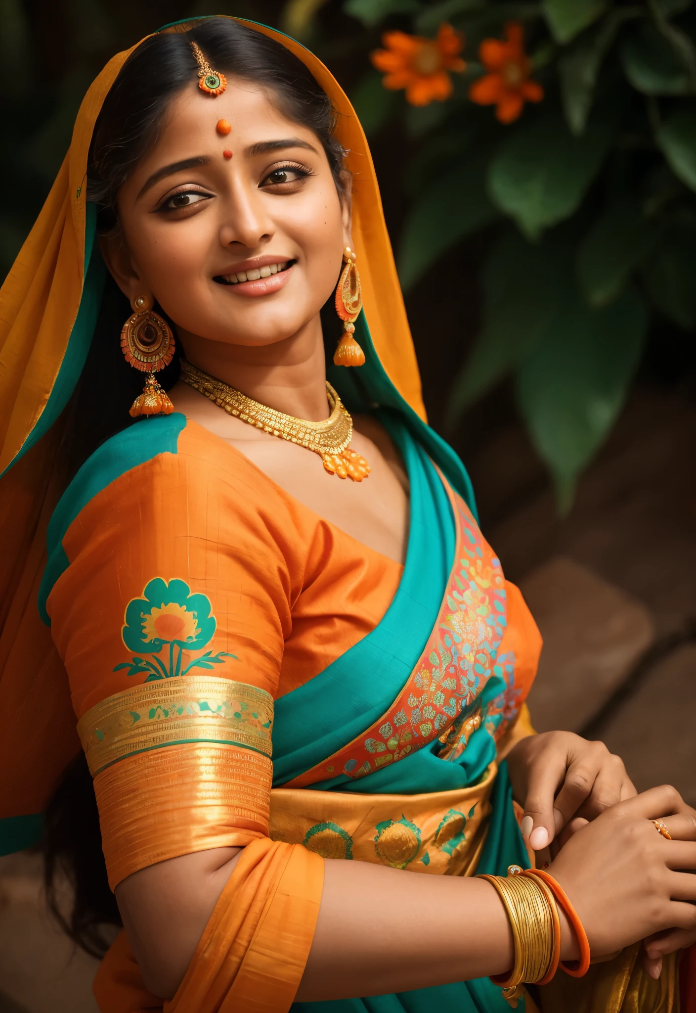Looks like Anushka Shetty, a close up of a woman in a colorful dress with a flower in her hair, extremely gorgeous woman, matchless beauty, queen, very beautiful enga style, with colourful intricate, candid shot, traditional beauty, candid picture, orange details, wearing intricate, candid portrait photo, with kerala motifs, wearing an elegant tribal outfit, orange and turquoise, orange and teal color, * colour splash *, traditional, stunning visual,