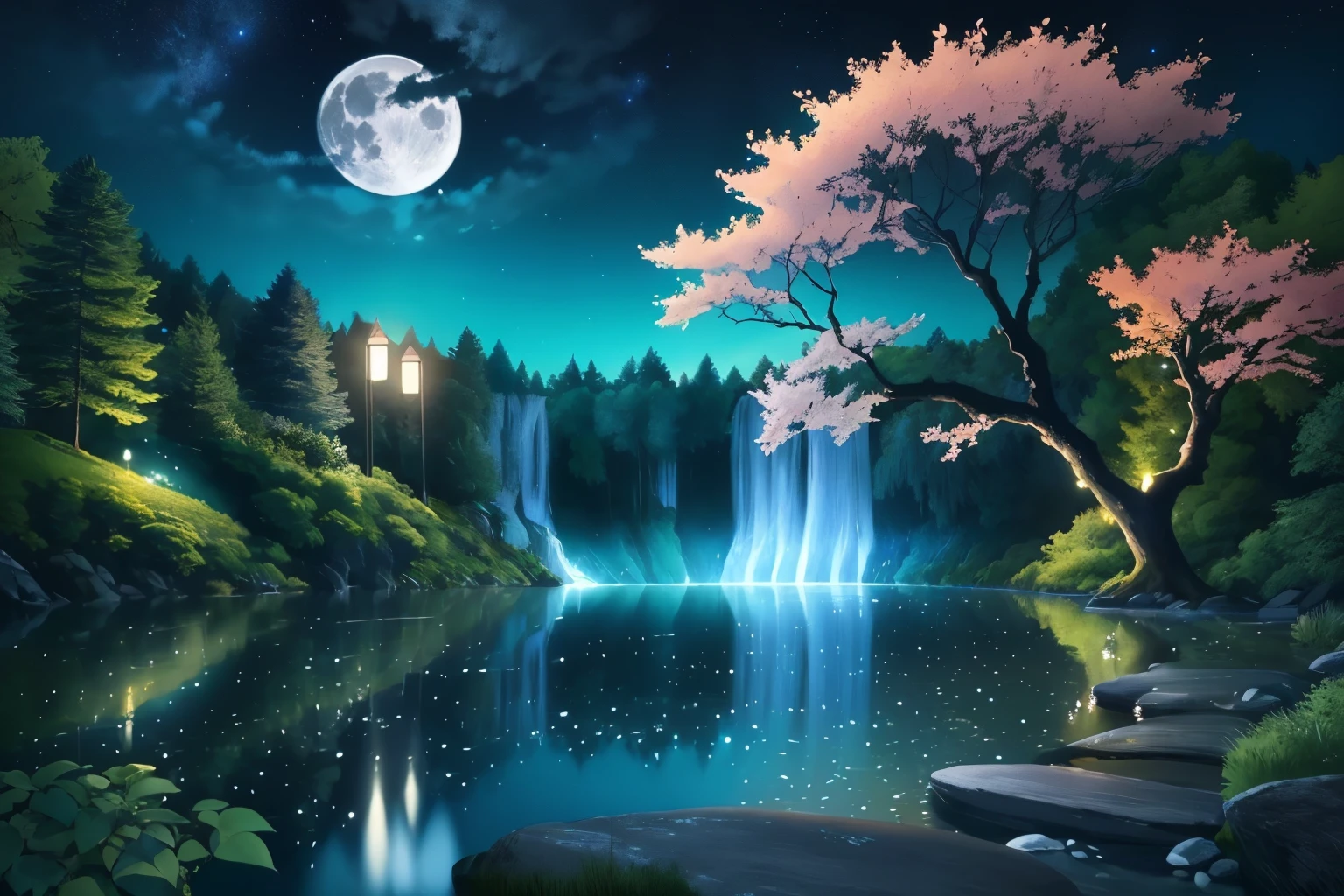 peinture d&#39;une cascade et d&#39;un arbre dans une forêt la nuit, Beau fond d&#39;screen, Illustration de fond, fond d&#39;screen nature animé, Beau clair de lune night, fond d&#39;screen paysage animé, belle cascade paisible, Fond d&#39;screen nature, paysage naturel nocturne, fond d&#39;screen incroyable, fond d&#39;screen de paysages, anime beautiful scene of peace, Beau clair de lune, nuit calme. Digital illustration, Fond d&#39;screen HD 4K très détaillé