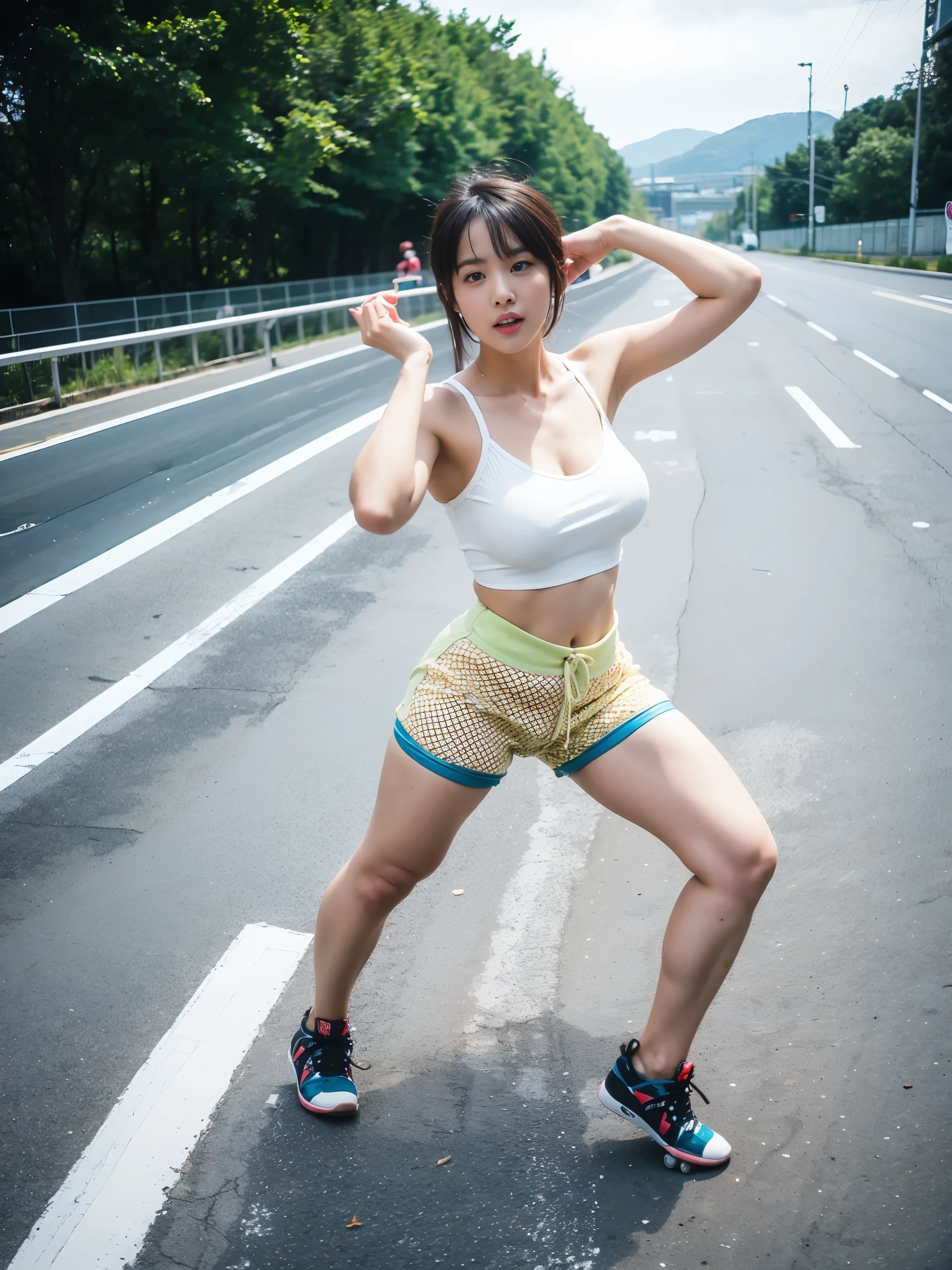 Downhill skateboarding, highway, action photoshoot, 1girl, teen, asian, (Thick body:0.5), (Sexy outfit:1.4), (hotpants:1.3) (Dynamic skateboarding pose:1.3), skateboarding on the highway, knee guard, fishnet legging,  exposed breasts, exposed belly