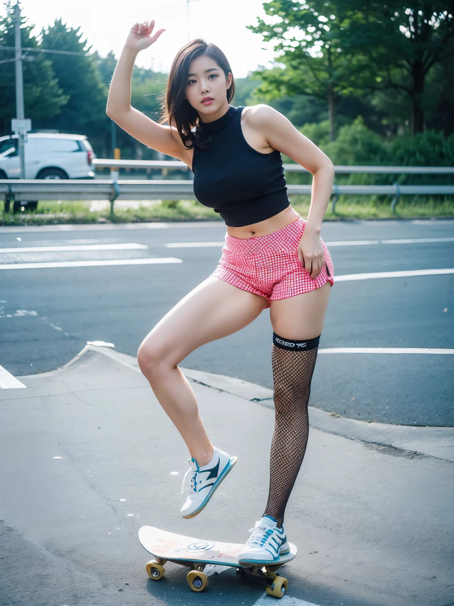 Downhill skateboarding, highway, action photoshoot, 1girl, , asian, (Thick body:0.5), (Sexy outfit:1.4), (hotpants:1.3) (Dynamic skateboarding pose:1.3), skateboarding on the highway, knee guard, fishnet legging,  exposed breasts, exposed belly