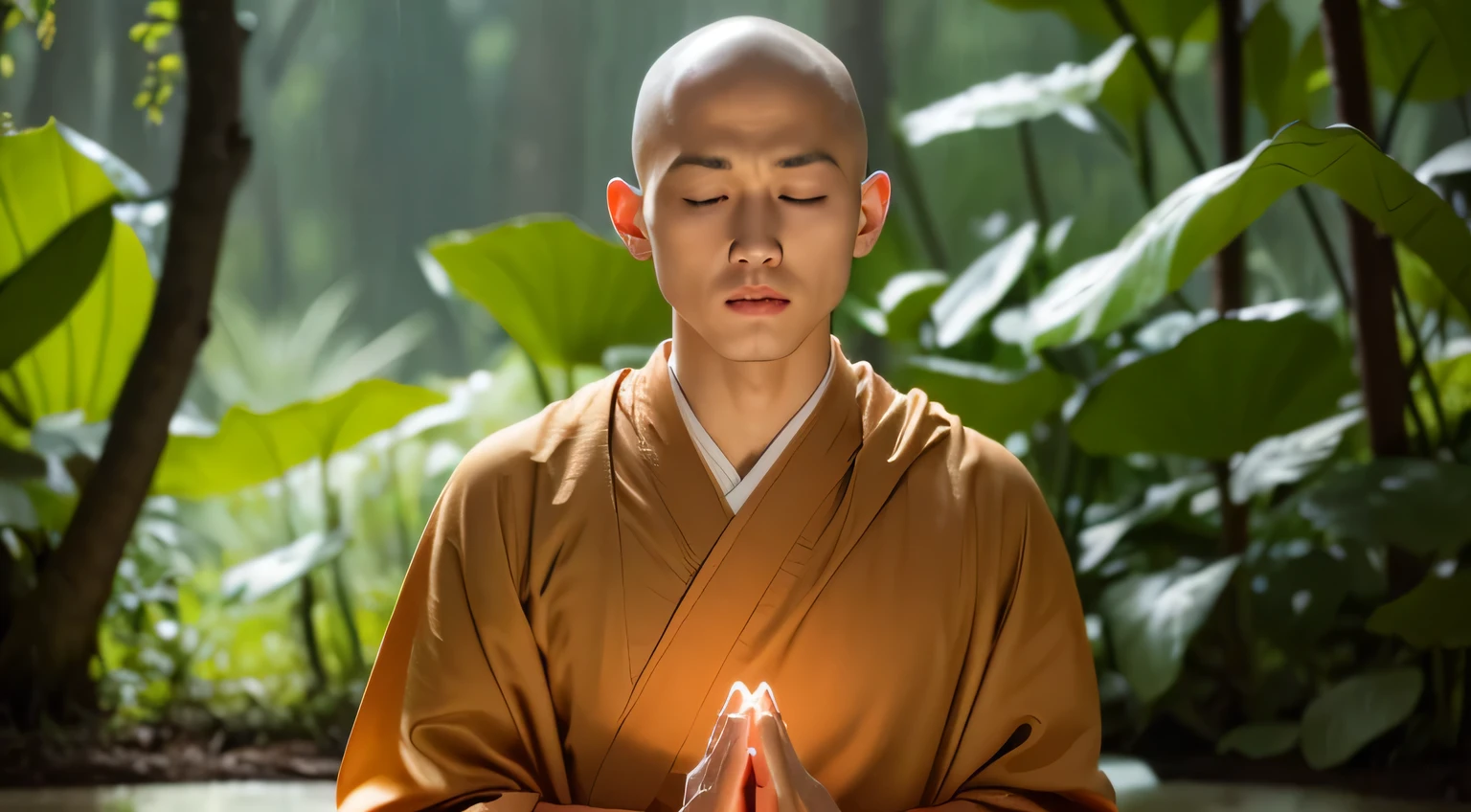 highest quality、highest quality、realistic、unity、8k wallpaper、official art、Highly detailed CG unity 8k wallpaper、Super detailed、High resolution、Physically based rendering、Super detailed,growing up, finely,The only handsome monk, (no hair:1.3), (close your eyes:1.4), (meditating), (The face tends to be a little downcast), whole body, (back correction),slim face, beautiful young monk, highly detailed face, very beautiful face, fine eyes, view, blurred background,  (Front view:1.3), (monk&#39;s robe:1.3), (Don&#39;show as little skin as possible), (Sit and meditate in the lotus position:1.3), (Stay away from the camera）, (Facing the camera forward）, frontage, slim face, In the rainforest, professional lighting, (illuminate the face:1.3)