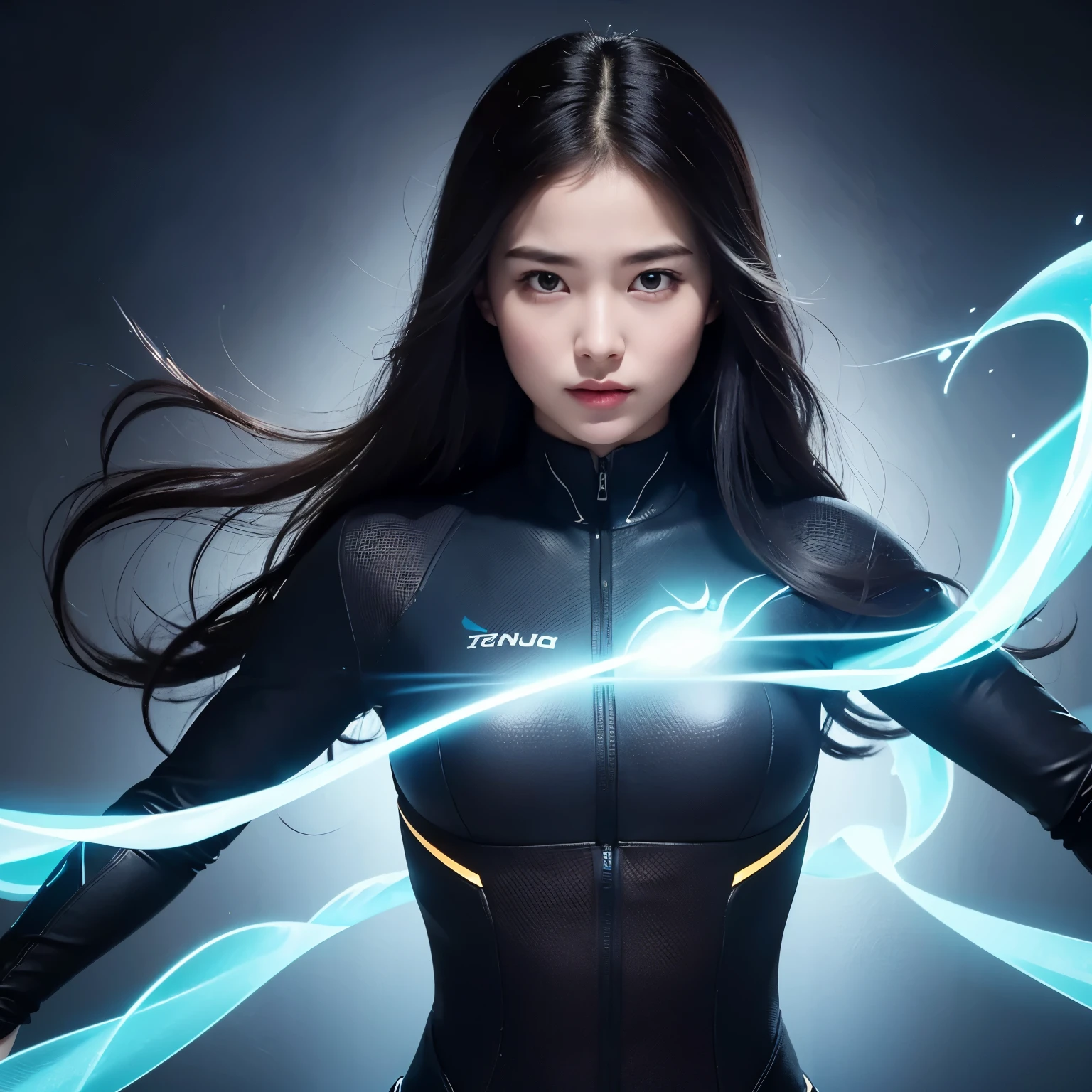 A strong aura surrounds the girl, emanating confidence and determination. Her posture is upright, with a commanding presence that draws attention. Her eyes reflect resilience and intelligence, while her demeanor exudes power and self-assurance.