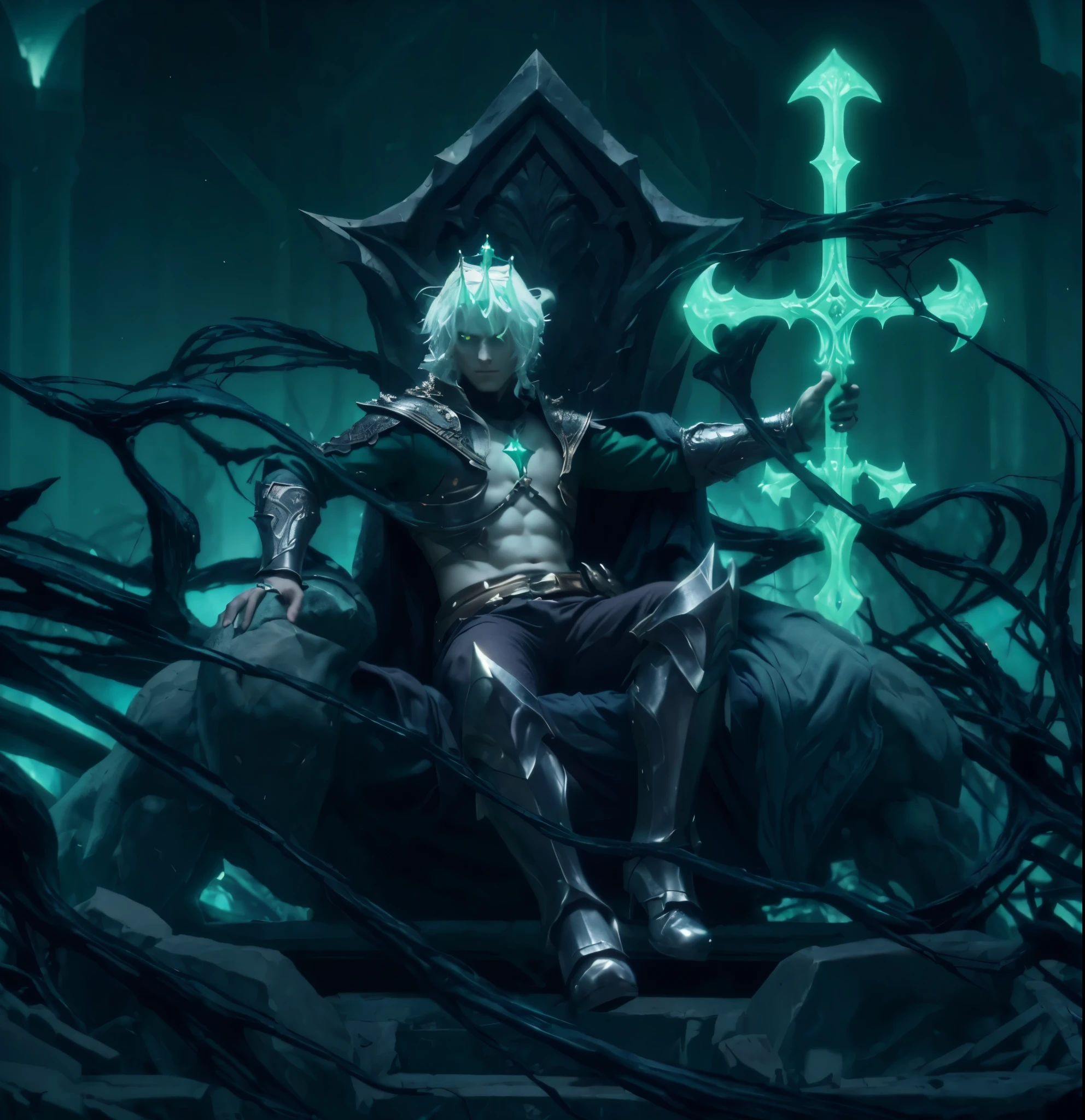 ((Best quality, 8k, Masterpiece: 1.3)), Sharp focus: 1.2, A handsome attractive European male with bright white hair: 1.4, wearing a spectral green glowing crown, Highly detailed face and skin texture, perfect hands, Detailed glowing green eyes, Ultra realistic, photorealistic, unreal engine, cinematic realism, accurate copy,  ruin king, standing around a ruined kingdom, fantasy style, DnD