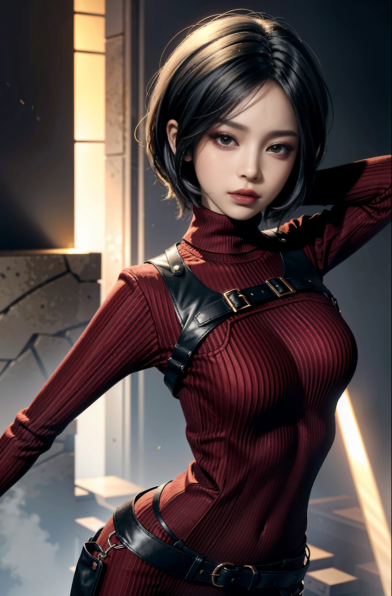 (masterpiece, best quality)
AdaWongRE,  1girl, solo, breasts,  black defaultbackground,looking at viewer, short hair, large breasts, black hair, gloves, brown eyes, multicolored hair, belt, two-tone hair, sweater, lips, bodysuit, makeup, lipstick, ribbed sweater, realistic,
