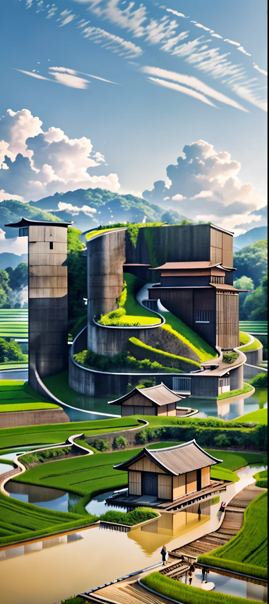 There is a large building，There is a green roof and a small pond, rice，paddy，Field paths，agriculture，Inspired by Tadao Ando