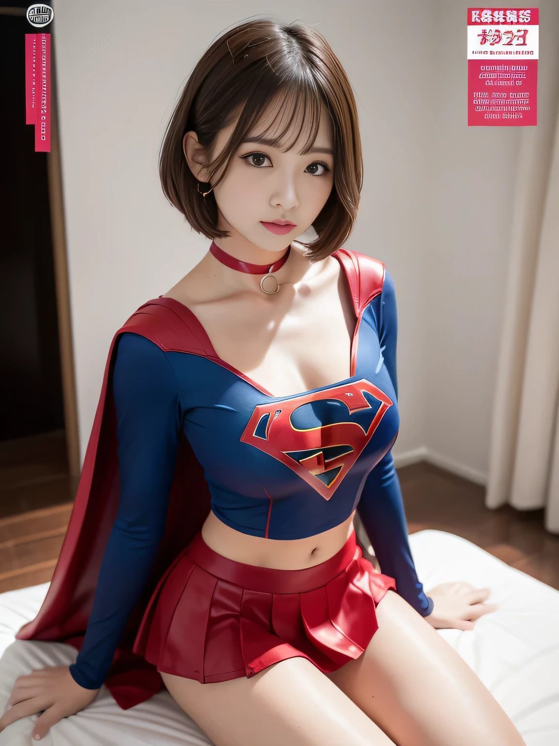 masterpiece,supergirl costume, short hair, barefoot, big and full breasts,operating room、operating table、straddle、damaged、shiny、look at the camera、provocation、Estrus、choker、Weekly magazine cover、long sleeve、red mini skirt、obscene pose、Seduce