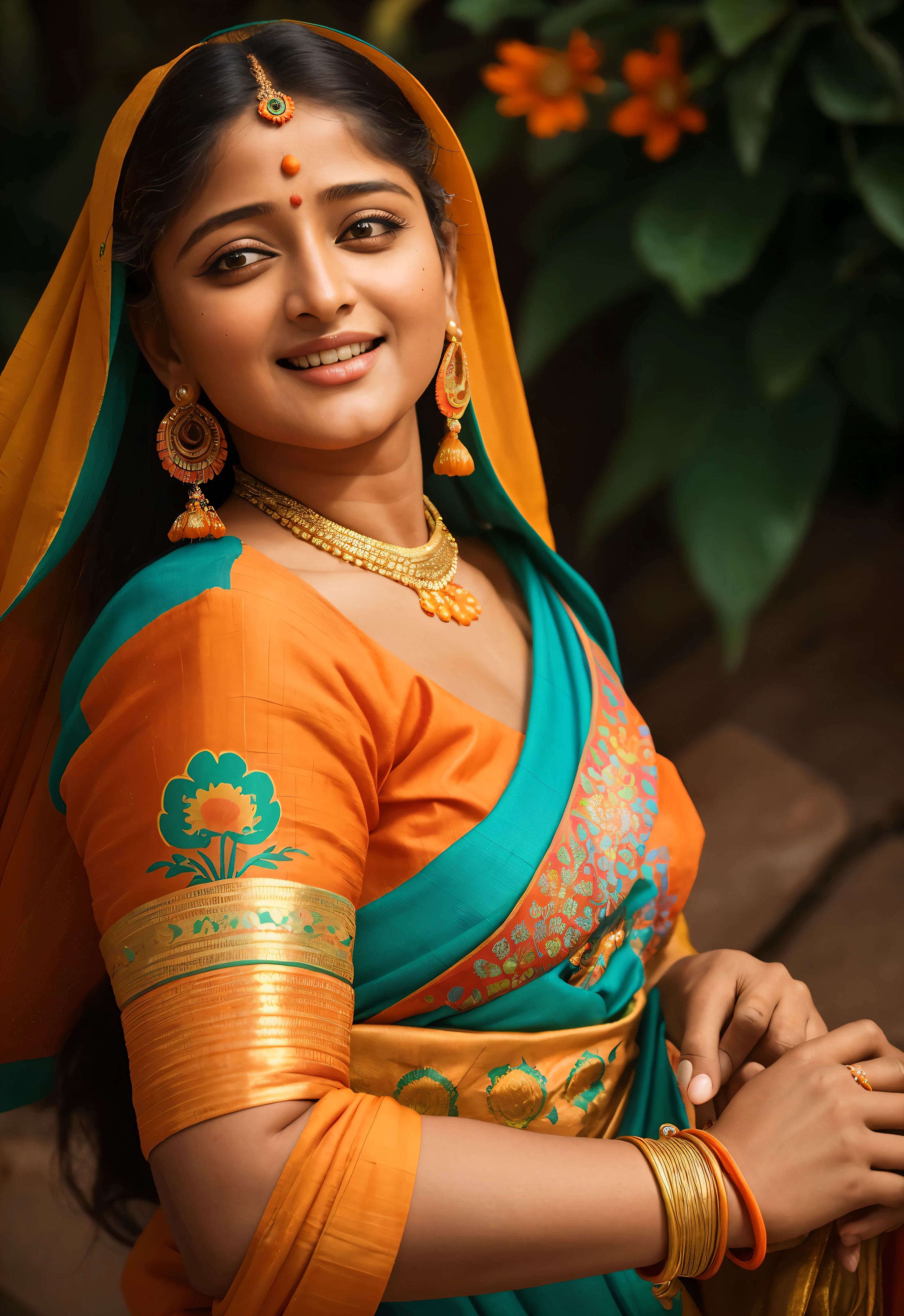 Looks like Anushka Shetty, a close up of a woman in a colorful dress with a flower in her hair, extremely gorgeous woman, matchless beauty, queen, very beautiful enga style, with colourful intricate, candid shot, traditional beauty, candid picture, orange details, wearing intricate, candid portrait photo, with kerala motifs, wearing an elegant tribal outfit, orange and turquoise, orange and teal color, * colour splash *, traditional, stunning visual,