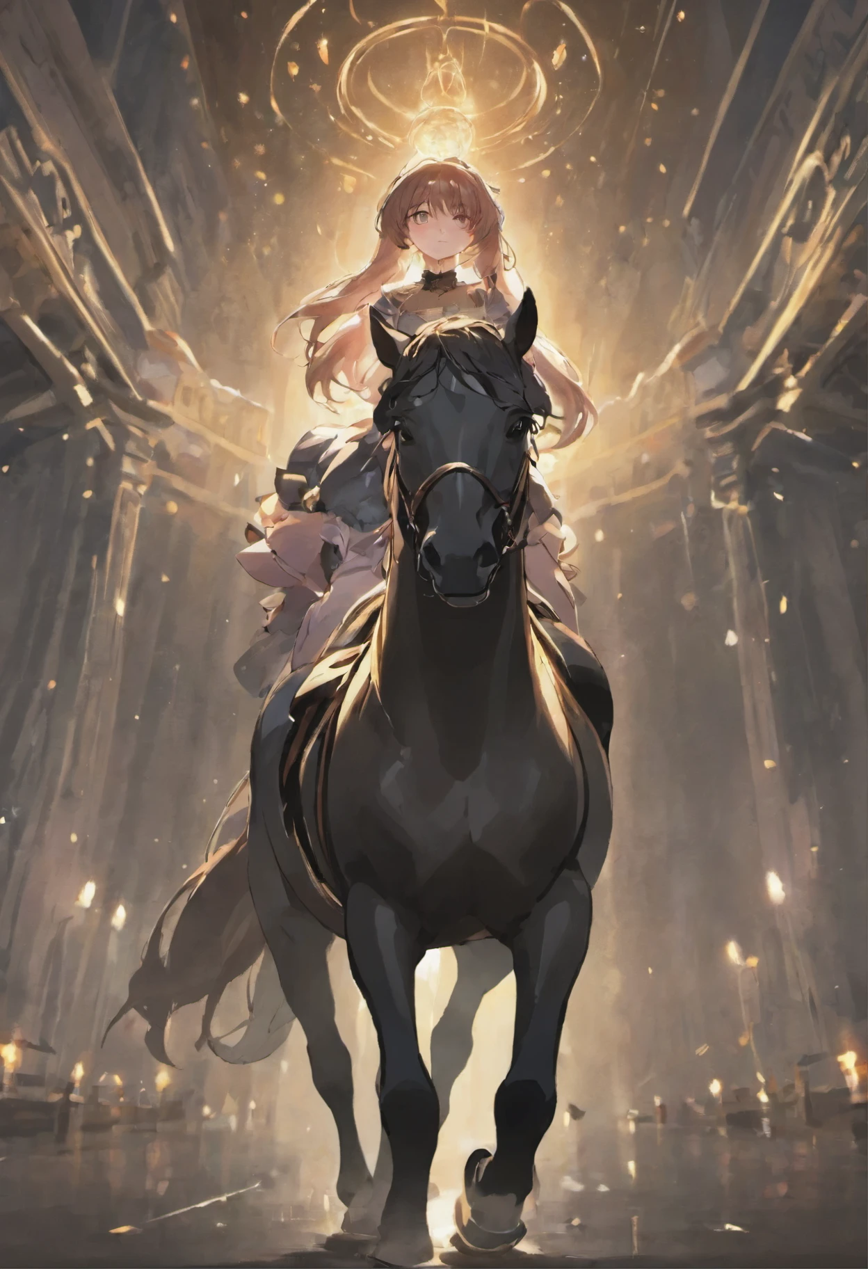 woman riding a black horse：1.5，beautiful woman in a black dress，sunset，seven colors of light