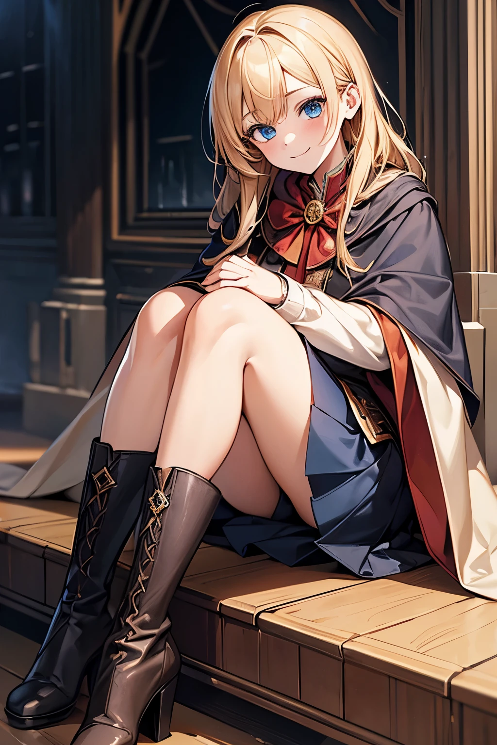 masterpiece, best quality, {best quality}, {{masterpiece}}, {high resolution}, girl，Hogwarts，Uniforms，Gryffindor，sitting position，blonde，cute，1girl，cloak，Black high-heeled boots，beauty，Smile，big blue eyes