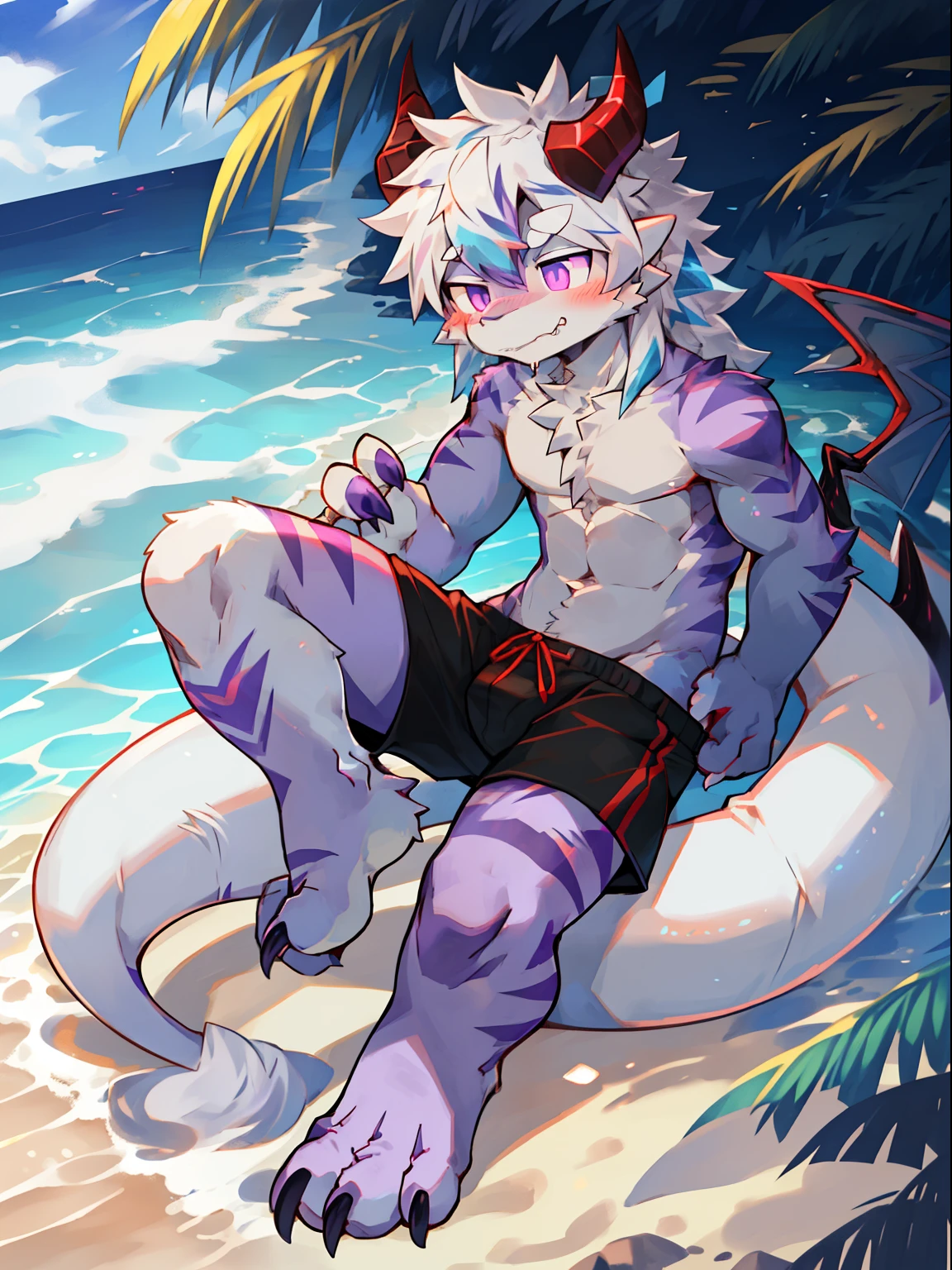 one person，solo，full body portrait，毛茸茸的male，hairy body，correct human anatomy，Delicate eyes，glowing eyes，long white hair，The combination of dragon and wolf，exhibit（Tall and thin body type），male，There are small horns on the head，gray fur，purple stripes，red stripes，purple eyes，sharp claws，Cute meat pads，Slobber，Face turned red，satisfy，Lovely，Handsome，evilcharm，arrogant，evil，charm，spoiled，dragon tail，Full body female love，beach，summer，Sunlight，black swimming trunks，blue stripes，open-foot sports socks，Leaning against the rocks，The waves wash over the body，Professional and detailed lighting