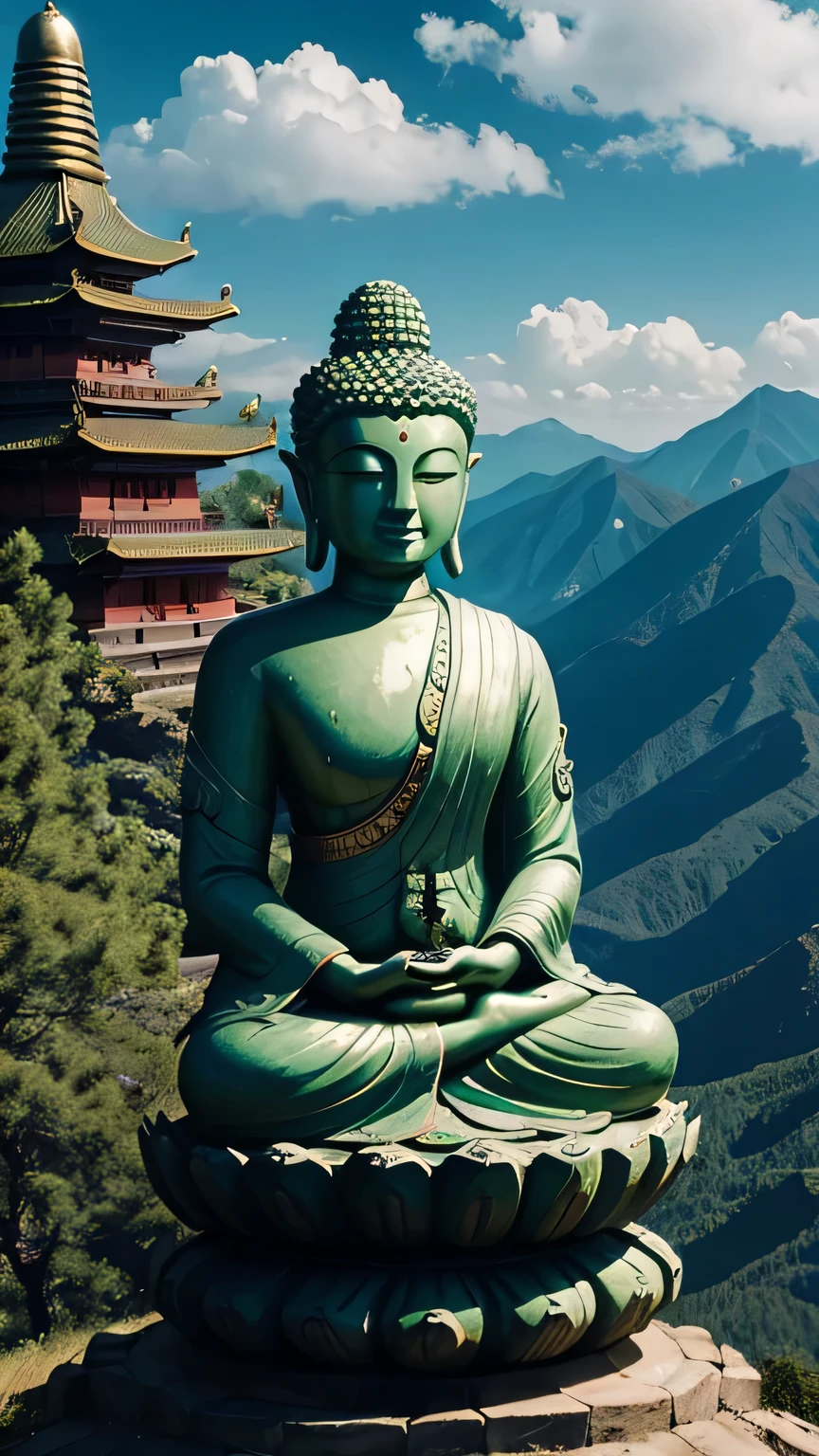 Green Buddha statue on top of mountain, Surreal atmosphere style, video montages, Hindu art and architecture, theme, exaggerated facial features, trip, look up - ar 9:16 in 6,
