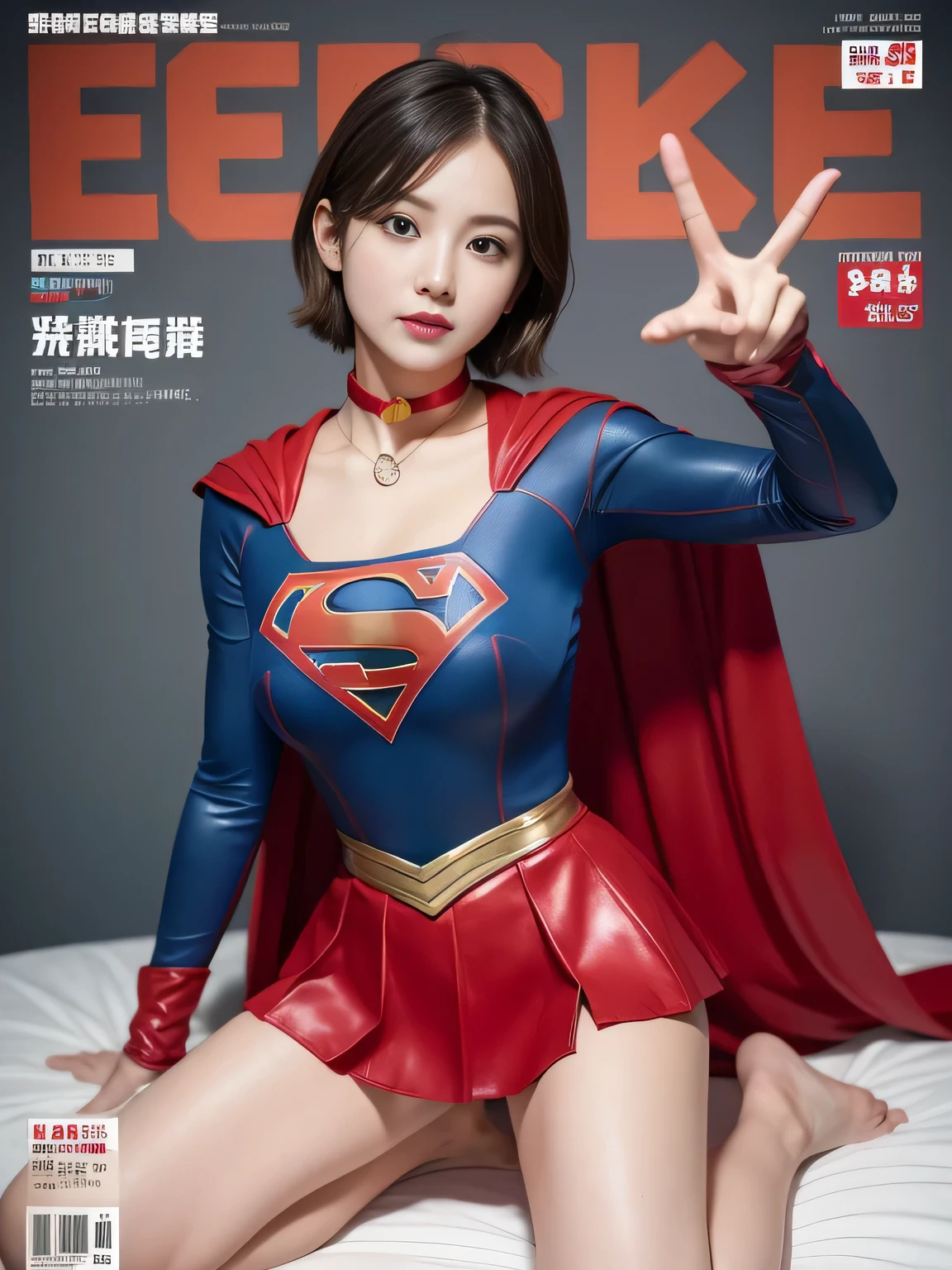 masterpiece,supergirl costume, short hair, barefoot, big and full breasts,operating room、operating table、straddle、peace sign、shiny、look at the camera、provocation、Estrus、choker、Weekly magazine cover、long sleeve、red mini skirt、obscene pose、Seduce