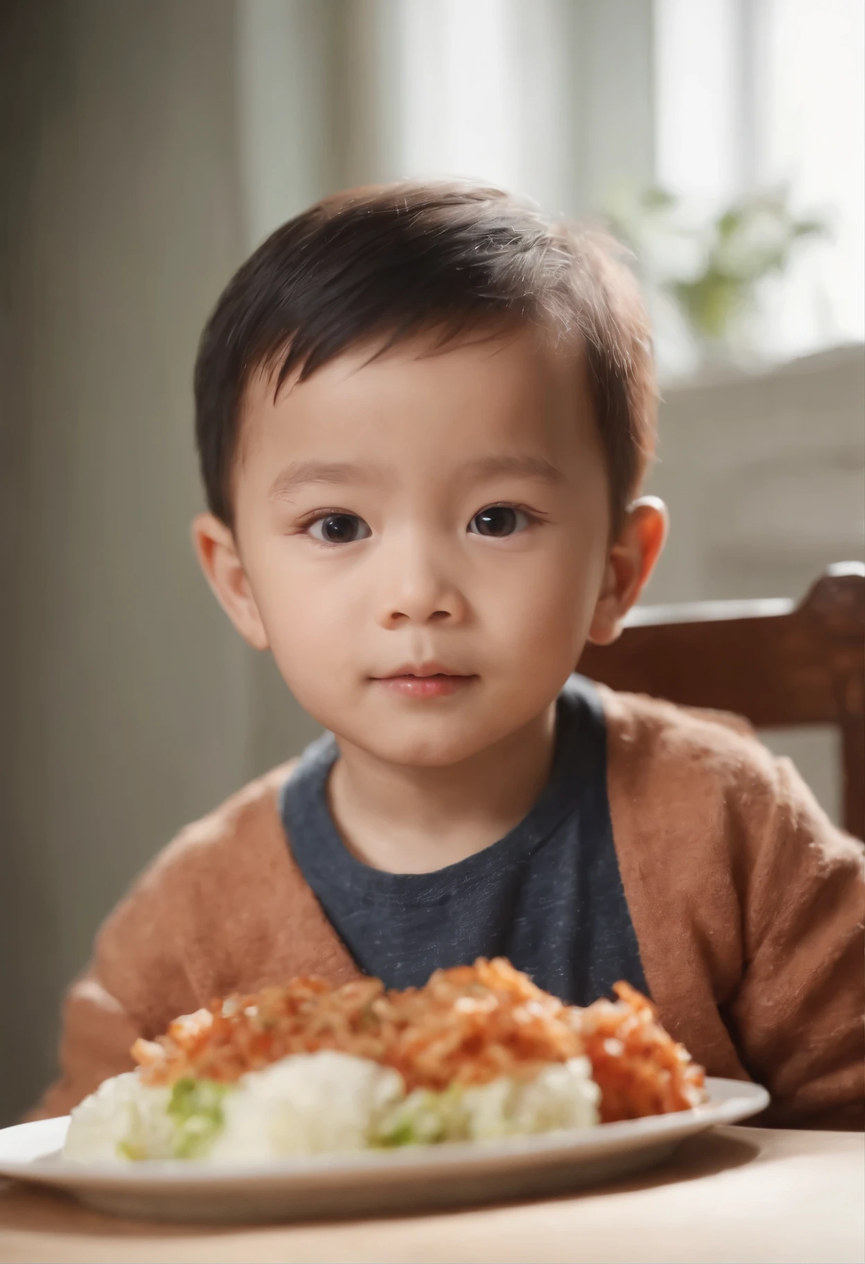 4-5 ，realistic，lifelike，toddler，ce，Have a meal，warmth，Simple background，indoor，Asian boy