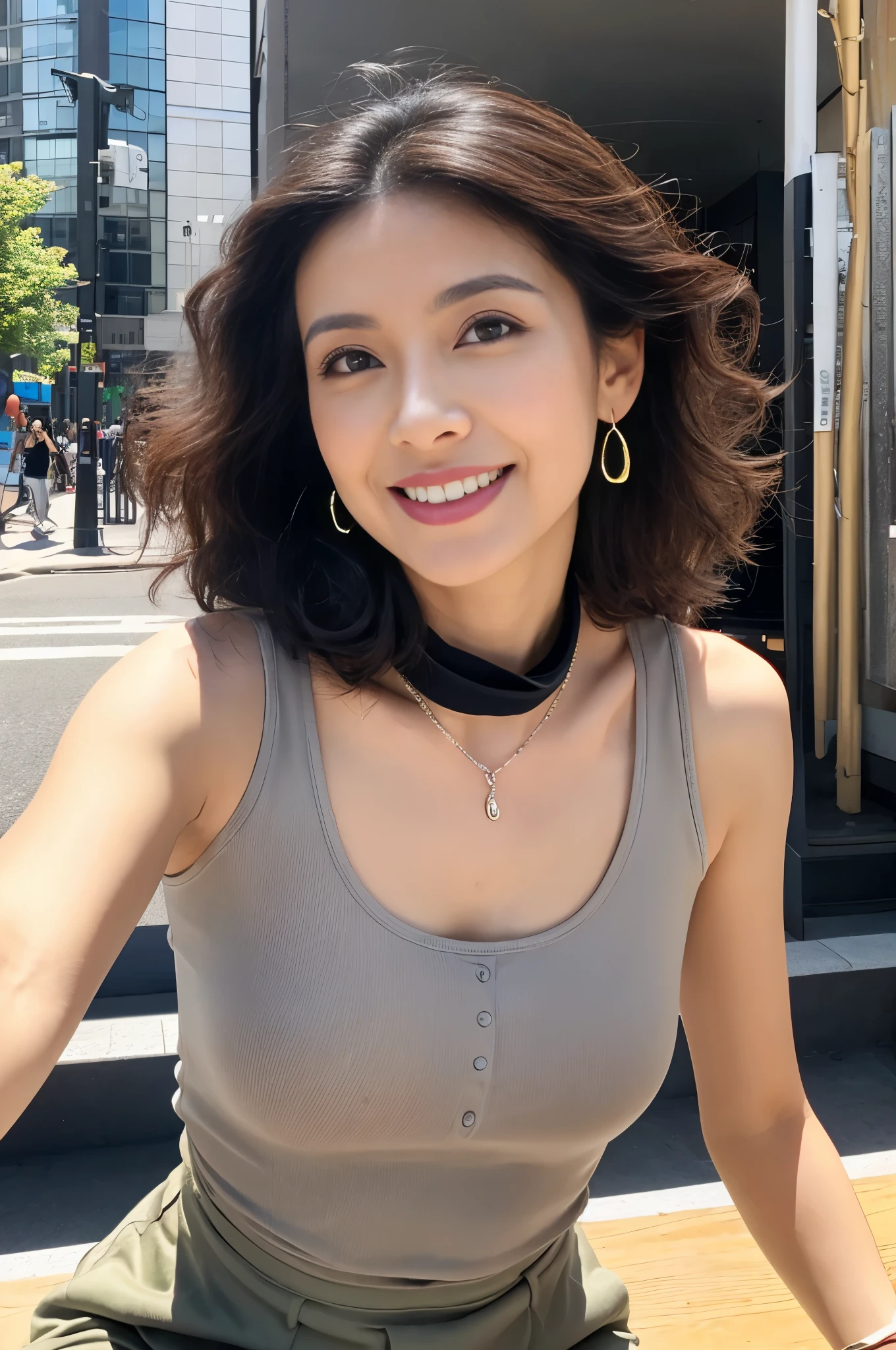 (on the table, best quality), A beautiful lady in her 40s, Detailed sleeveless turtleneck top, Pants, necklace, curls, perfect face, pretty face, Tempting, beautiful big eyes, open mouth, happy, Perfect slim figure, (outdoor), city street, bright colors、Full body female love、