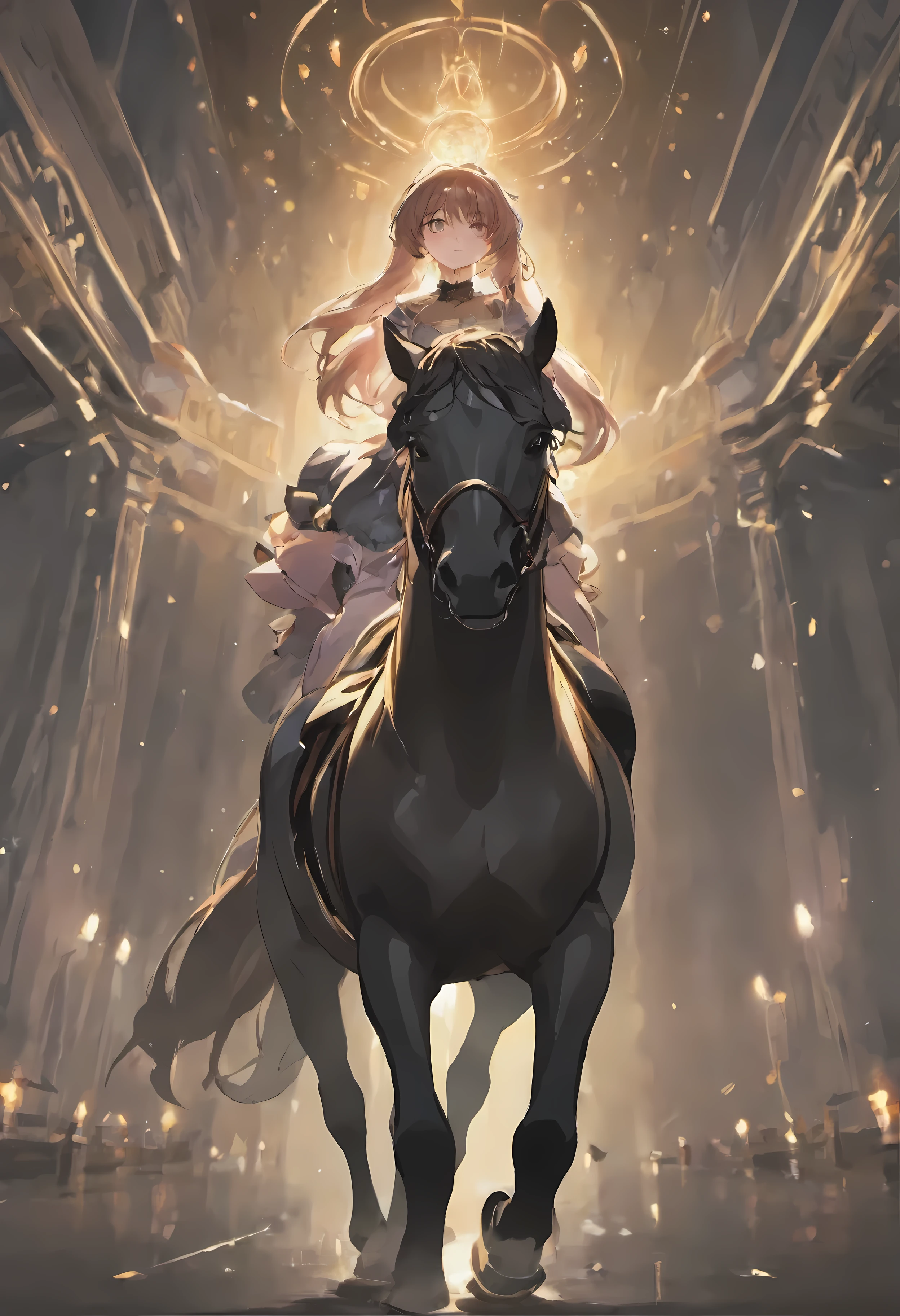 woman riding a black horse:1.5,beautiful woman in a black dress,sunset,7 colors of light