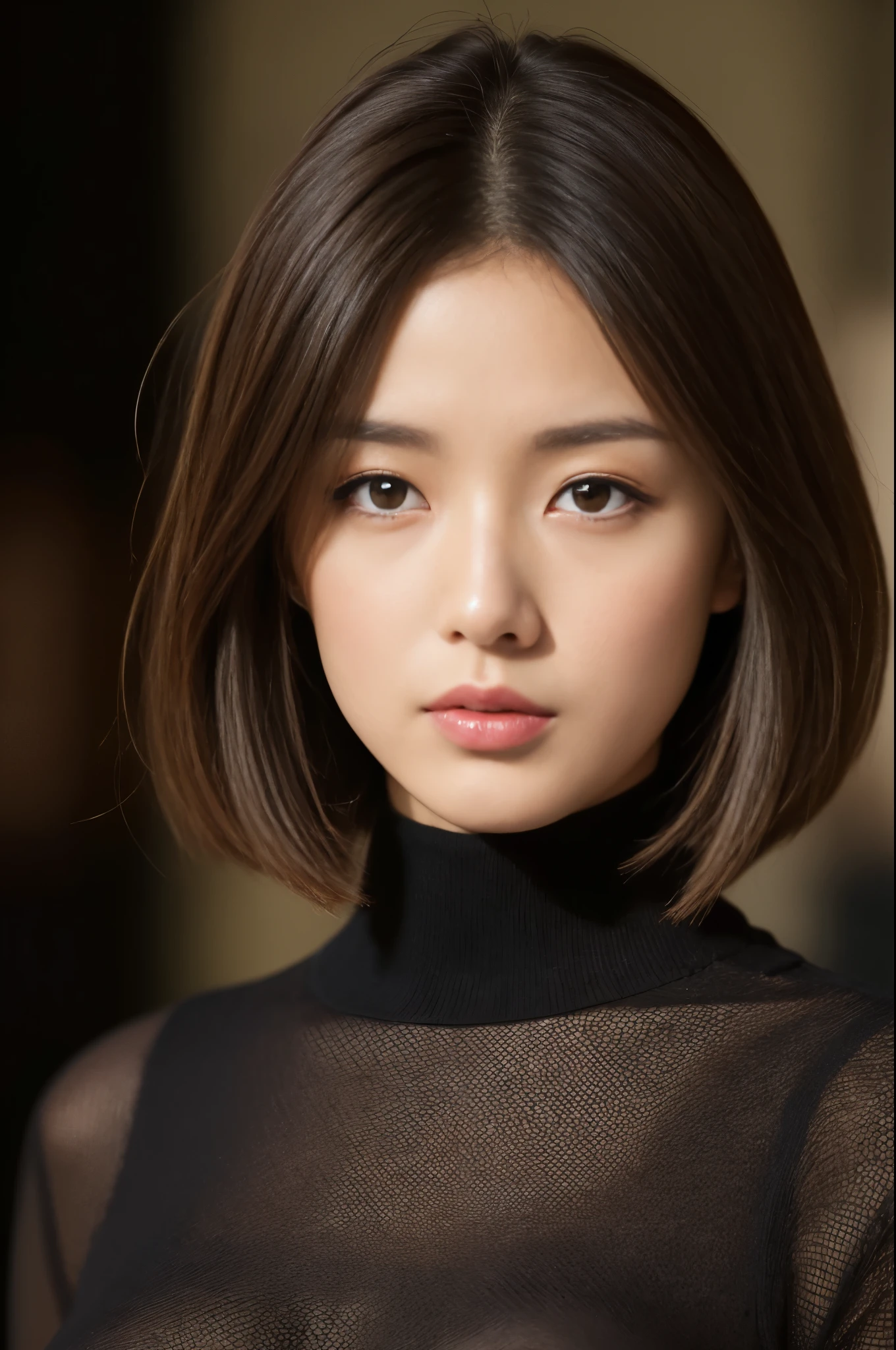 ((top quality、8K、Masterpiece:1.hot reality(1.4))、Whole BodyEsbian,original photo、40 years、female sexy、light brown hair、night runway background、short hair、Wearing a black turtleneck sweater、Super fine facial japan、exquisite eyes、double eyelids、The composition of the golden ratio、natural and realistic perspective、waiting for someone