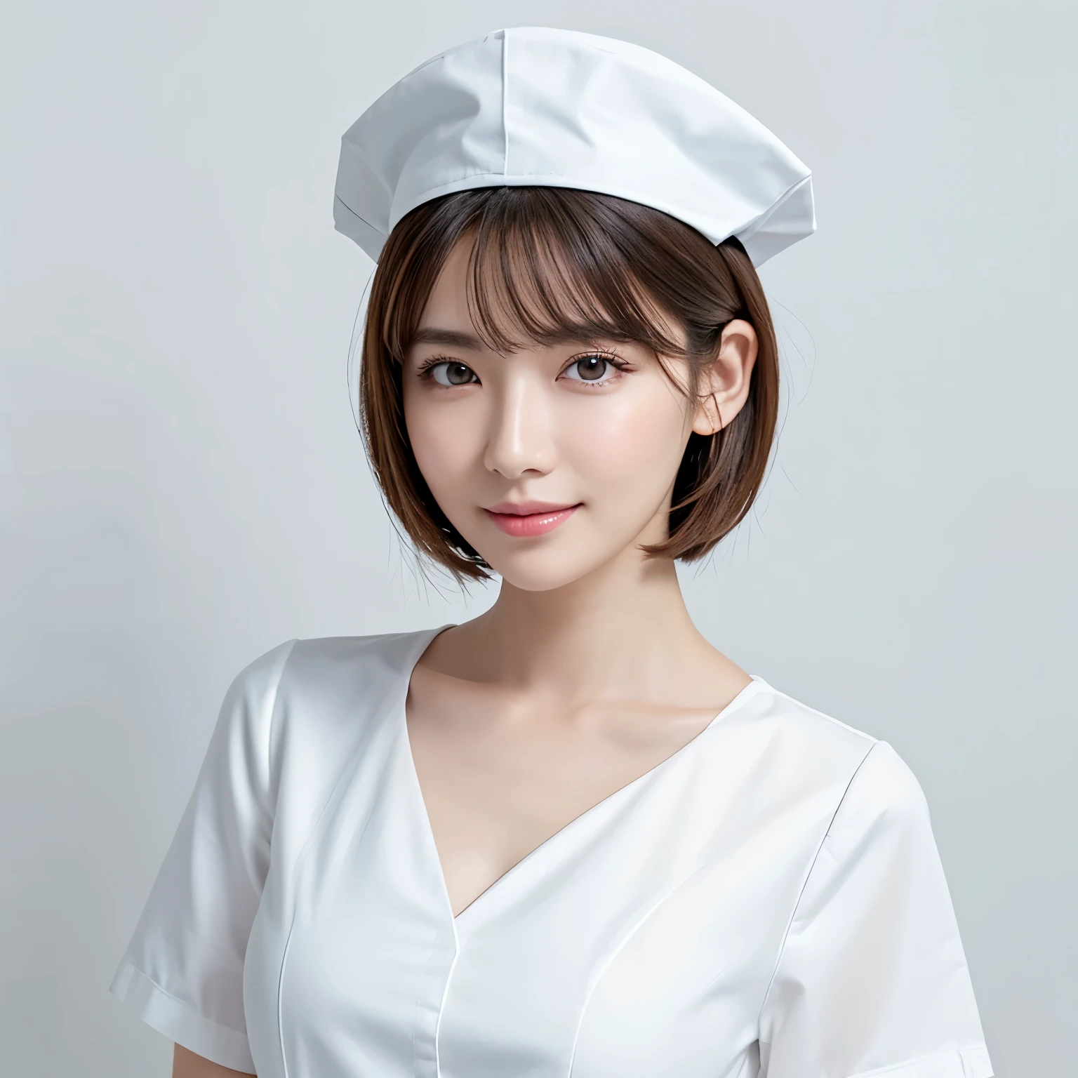 (highest quality、table top、8k、best image quality、Award-winning work)、1 beautiful nurse、(solo:1.1)、straight short hair、perfect bangs、(Perfect nurse clothes:1.2)、(Perfect and most natural plain white nurse cap:1.2)、(The simplest pure white background:1.3)、(Perfectly fixed to the front:1.3)、(Perfect frontal and horizontal portrait of a woman with adequate white space:1.3)、(Depicting a woman perfectly horizontally and frontally:1.3)、beautiful and detailed eyes、look at me and smile、(Upright photo from the chest up:1.3)、(Please turn and look straight at me:1.3)、elegant makeup、Ultra high definition beauty face、ultra high definition hair、Super high-definition sparkling eyes、Super high resolution glossy lips、accurate anatomy、very beautiful skin、Super high-definition glowing beautiful skin、Graceful upright posture seen from the front、(very bright:1.3)