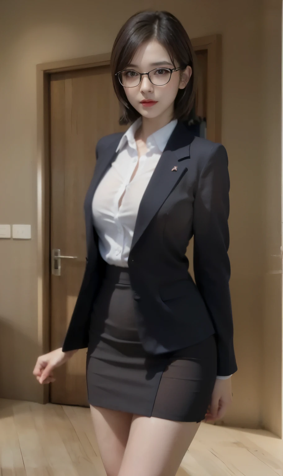 (glasses)、透けたnipple、beautiful nipples、(smile)、(nipple見え)、(translucent shirt:1.2)、(In 8K、highest quality、masterpiece:1.2)、(genuine、photogenuineistic:1.37)、Super detailed、1 girl、cute、、、beautiful detailed eyes、office、(blush your nose)、 (perfect beautiful face:1.15)、(closed mouth)、(細やかなbeautiful eyes)、(skeleton shirt:1.1)、daytime、、short cut hair、、white lace、(short hair:1.5)、floating hair、body、20 year old woman、brown hair、、brown eyes、small head、((M cup fashion girl、beautiful eyes、genuineな肌、fine eyes、、(No underwear:1.3)、、viewer、Beautiful face and breasts、, see-through shirt。the tip of the chest sticks out。Areola is protruding。(The shape of the genitals is clearly visible), lots of eyelashes。black eyeshadow。bright red lips。black sexy high heels。pubic hair。The lower abdomen is bristly。thin。thighs are open。pubic hairが非常に多い。nippleは非常に突き出ています, そして繊細なbody型、dark blue suit、camel toe、protruding pussy_nipple