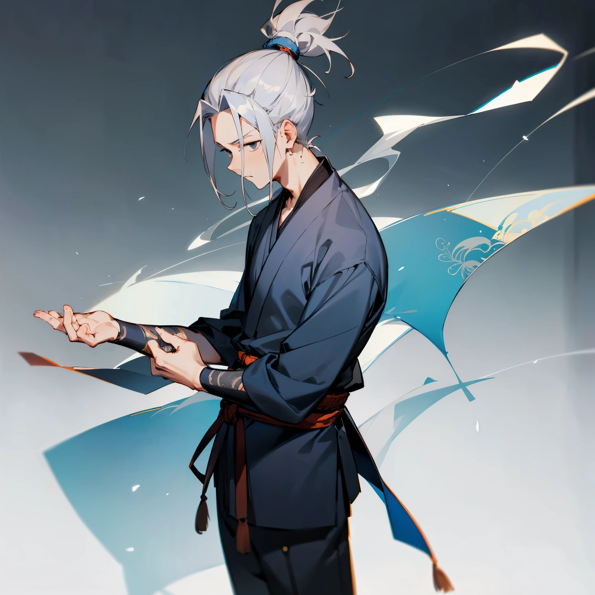 1male , Blue Yukata , Fitted Clothing , Grey Hair , Top Knot Hair,Young Male , Dojo Background , Calm Expression , Masterpiece Quality , Perfect Generation , Old Male , Age Lines , Black Eyes
