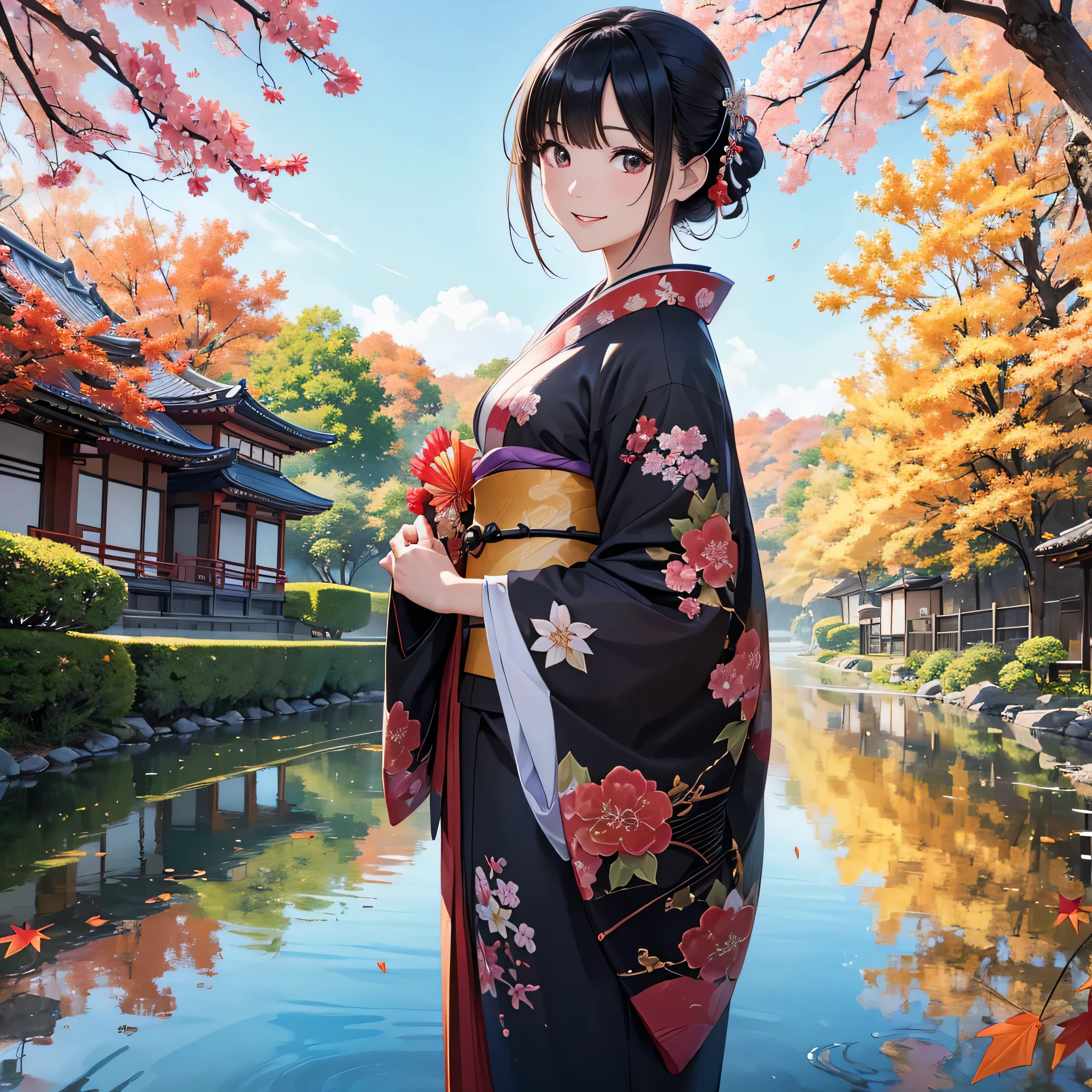 (Super beautiful woman in kimono)、((highest quality、8K masterpiece:1.3))、sharp focus:1.2、(super beautiful face:1.0)、(shiny skin:1.0)、realistic pictures、black haired、video writing、High resolution eyes and face、video writing、japanese actress、from the front、Medium chest、with a happy smile、wearing a kimono、under the autumn leaves、highest grade obi