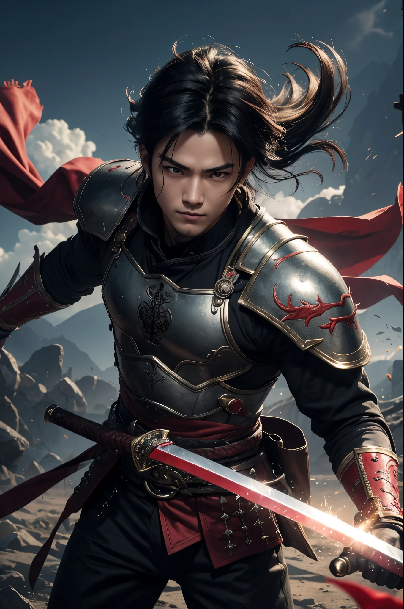 8k、alone、16 year old boy,Super beautiful teenager(like the real thing),red eyes(red glowing effect),Super beautiful teenager,black bob hair,black devil blade armor,black pants(devil&#39;s emblem embroidery),golden decoration,heading there、long and large Japanese sword,demon slayer boy,Remains,amazing work of art、wind effect:1.9、cloud effect:1.2、full rendering、Caustic soda coating、unreal engine、1 Japanese sword,An innocent expression,cool boys,ultra high resolution,super realistic skin,Super precise hand details,１Japanese sword and book,fantasy art,smile,battle scene,action scene,action pose,fighting style,Photorealistic RAW photos of the highest quality。Backlight, cinematic lighting, film grain, to be born, 50mm lens, Nikon D850,realistic skin,fantasy art,character art,ultra high resolution,Macho with a muscular slender body,red devil emblem tattoo on face(Tattoo that glows red),Precise facial details,perfect hands,dynamic pose,