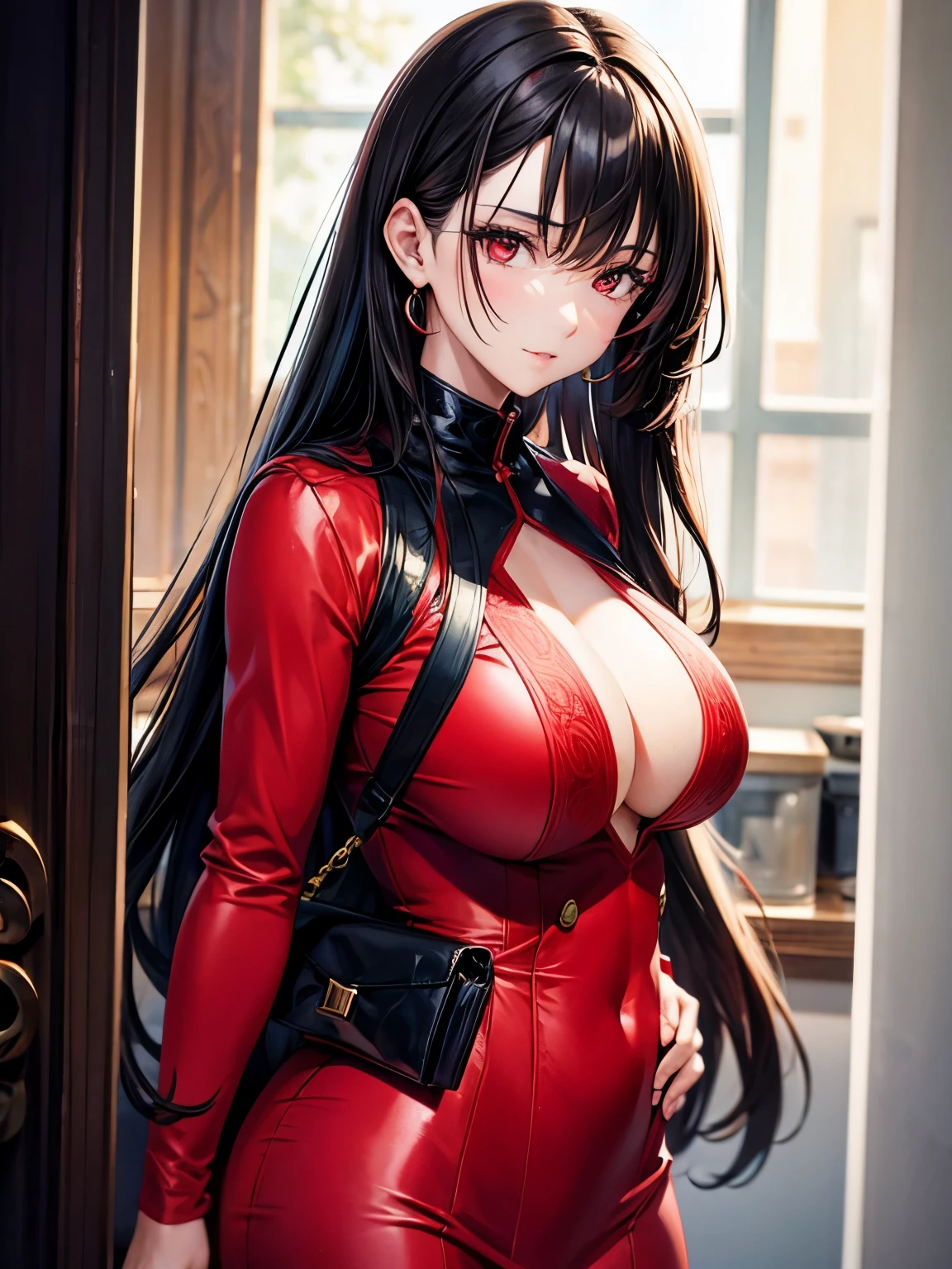 Man AND woman, brunette long hair and red eyes, sexy body and big breast, wearing a sexy red dress, man short black hair and red eyes in a sexy black suit, ultrasharp, looking at the viewer, ((best quality)), ((masterpiece)), (detailed), couple hugging,