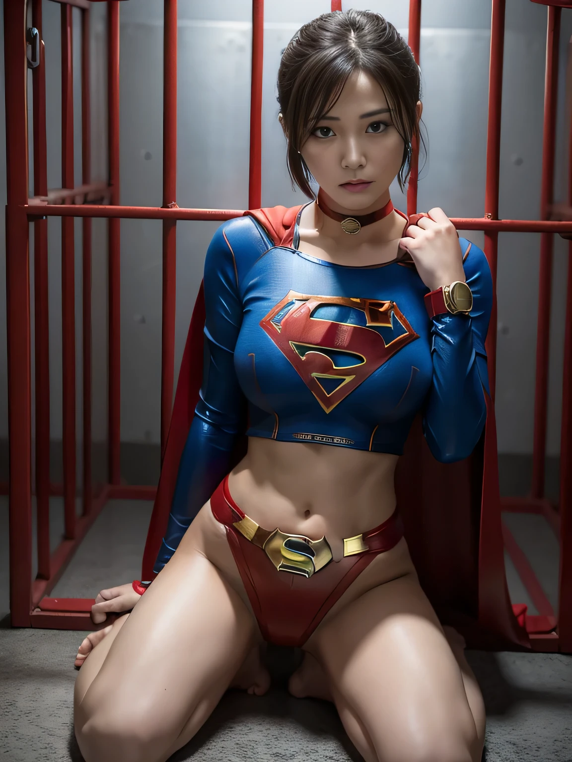 masterpiece、supergirl costume、short hair、barefoot、big and full breasts、Crisis situation、prison、in a cage、imprisonment、prisoner、spread your legs、handcuffs、shiny、looking at camera、Seduce、choker、long sleeve、red sexy pose、POW camps