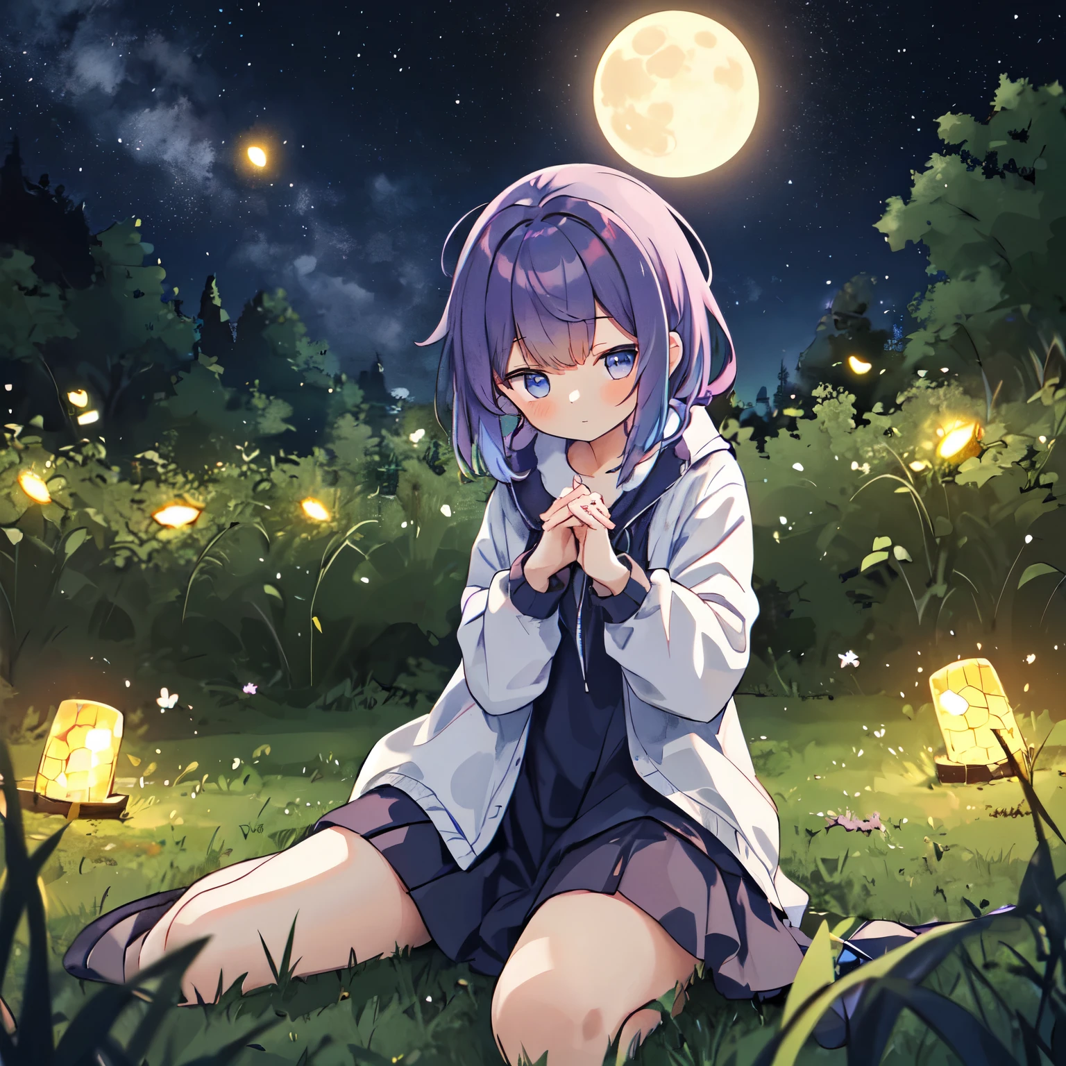 1 girl. It's a deep black night, fireflies and dragonflies fly, glowing with white light. The surroundings are clean, there are no buildings, clean grass, the wind raises your hair in one direction.
A girl with purple hair, looking and sitting in the center on her knees. She stretches out her hands to the bright fireflies.
Dim moon in the sky, stars