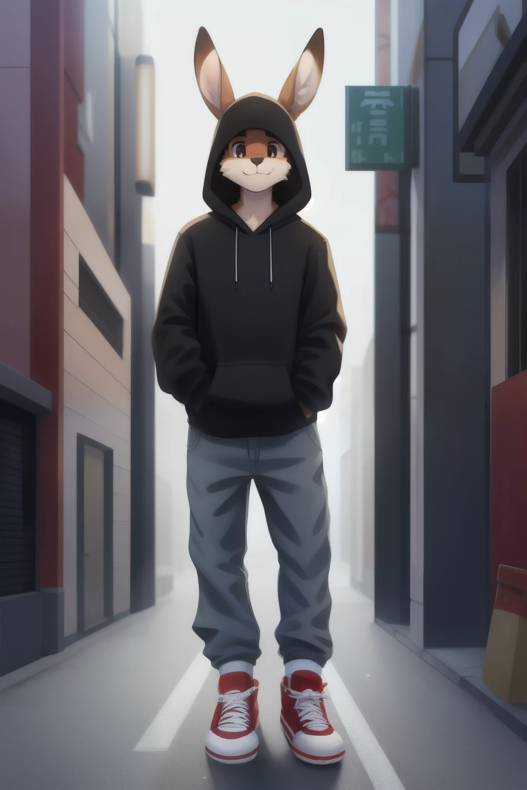 A humanoid kangaroo ambles through the streets of Tokyo in the evening,
Clad in a loose black hooded sweatshirt, emblazoned with three distinct white vertical stripes,
Donning khaki overalls, their lower body covered, with rolled-up legs exposing hairy, powerful hind legs,
Wearing red Converse canvas shoes with faded laces,
Hands nestled casually in the roomy pockets of the hoodie.