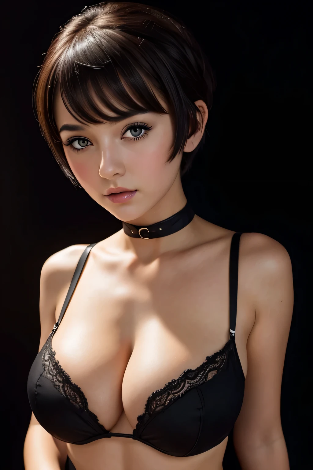 最high quality, 1 girl, (Dakotsky:1.0), black eye, pixie cut, (big breasts), cleavage、blush, ho、(((black background)))、masterpiece, 最high quality, high quality, High resolution