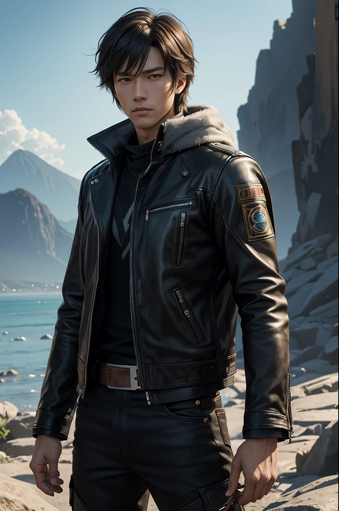 8K,A rough man wearing a leather jacket standing on the beach々new image, super handsome prince(like the real thing),Jacen Solo, by ヤン・J, Inspired by Raymond Han, Demon slayer art handsome man, Caleb resigns from important position, handsome anime pose, Inspired by Adam Dalio Kiel, beautiful androgynous prince, Makoto Shinkai ( apex legend ), inspired by Han Gan,masterpiece,Photorealistic RAW photos of the highest quality。bright colors,rich colors, Backlight, cinematic lighting, film grain, to be born, 50mm lens, Nikon D850,realistic skin,detailed character art,ultra high resolution,realistic skin,mountain path,