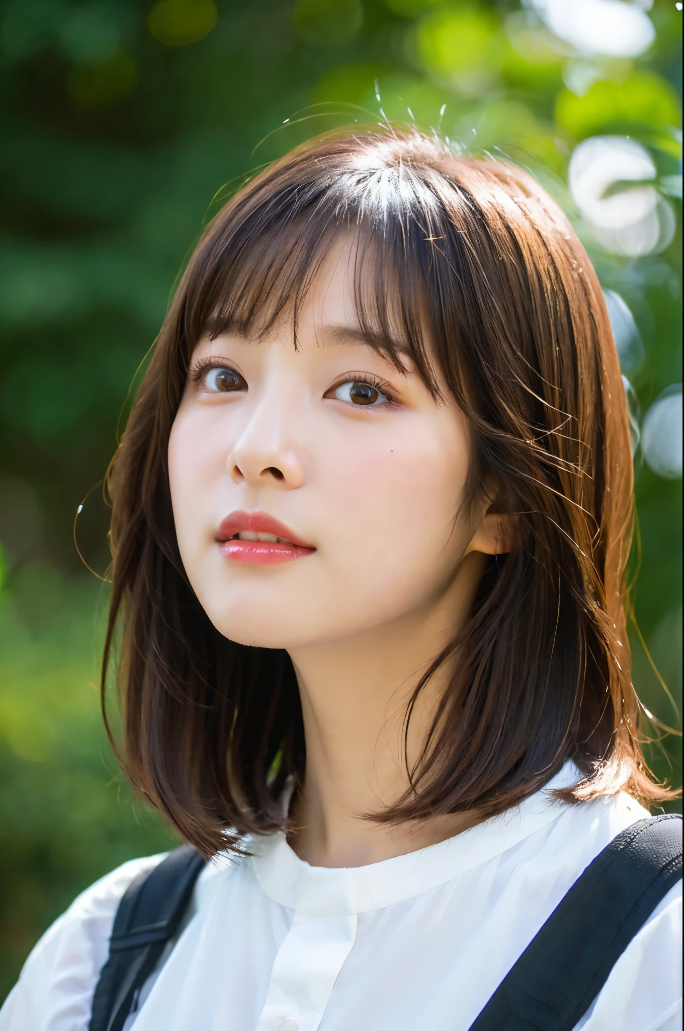 ((Beautiful and shiny、Very neat bob straight hair))、outdoor, solo,top quality、ultra high definition、Bangs　(beautiful turd:1.3) ((kawaii:1.3))、((Sixteen years old)) White shirt　low collar　natural lip color　()  Sense of cleanliness　pure　half-open lips