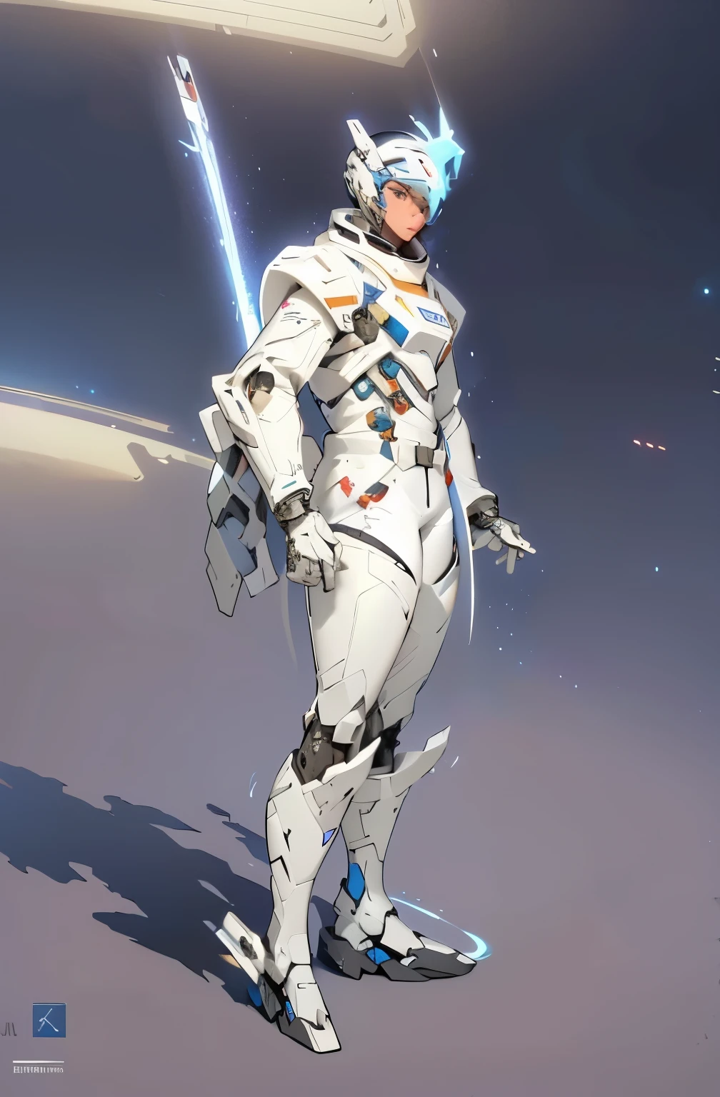 There is one standing，holding sword in hand, Wearing white futuristic armor, original concept art, futuristic space suit, sci-fi set, Expert high-detail concept art, Streamlined white armor, sparth style, sci-fi set, sci-fi space suit, glossy white armor, interstellar space suit, Luminous space suit, Epic Sci-Fi Character Art