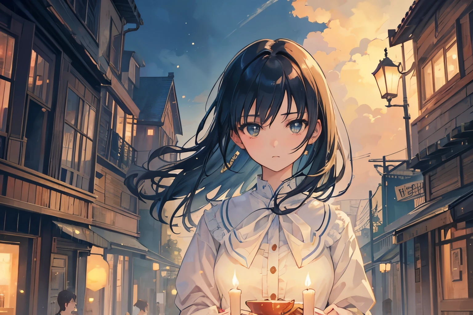 Create exquisite illustrations reminiscent of Makoto Shinkai's style, It has ultra-fine details and top-notch quality. Generate a high-quality illustration depicting a nostalgic festival adorned with numerous flickering candles. In the center of the scene, portray a beautiful young girl gazing at the spectacle with a sense of wonder and nostalgia. Ensure that the overall atmosphere is both nostalgic and fantastical, with intricate details capturing the essence of the moment, best quality, masterpiece